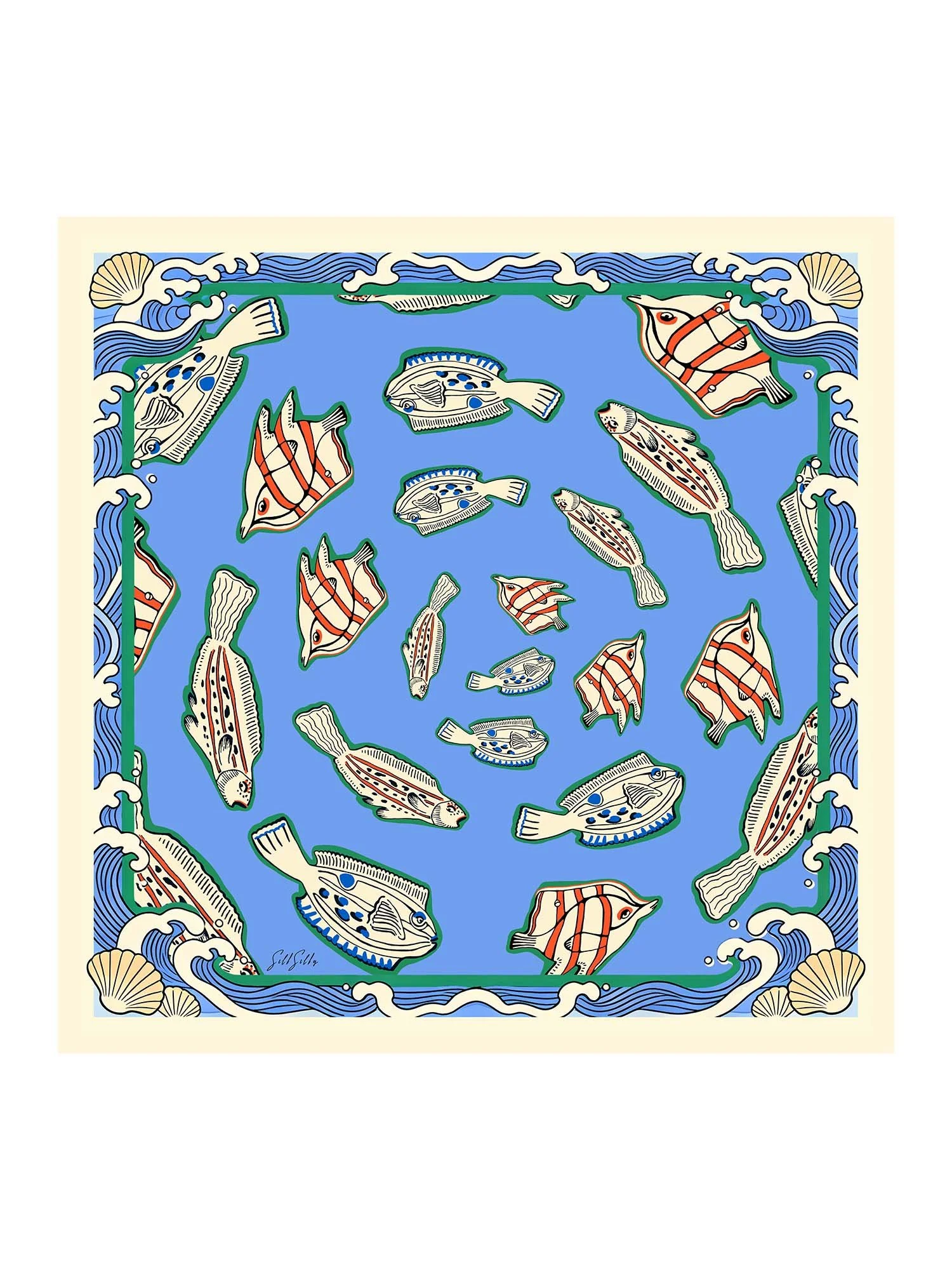 Foulard En Soie De Mûrier 100 Pour Cent Motif Poisson Taille 90 X 90 cm