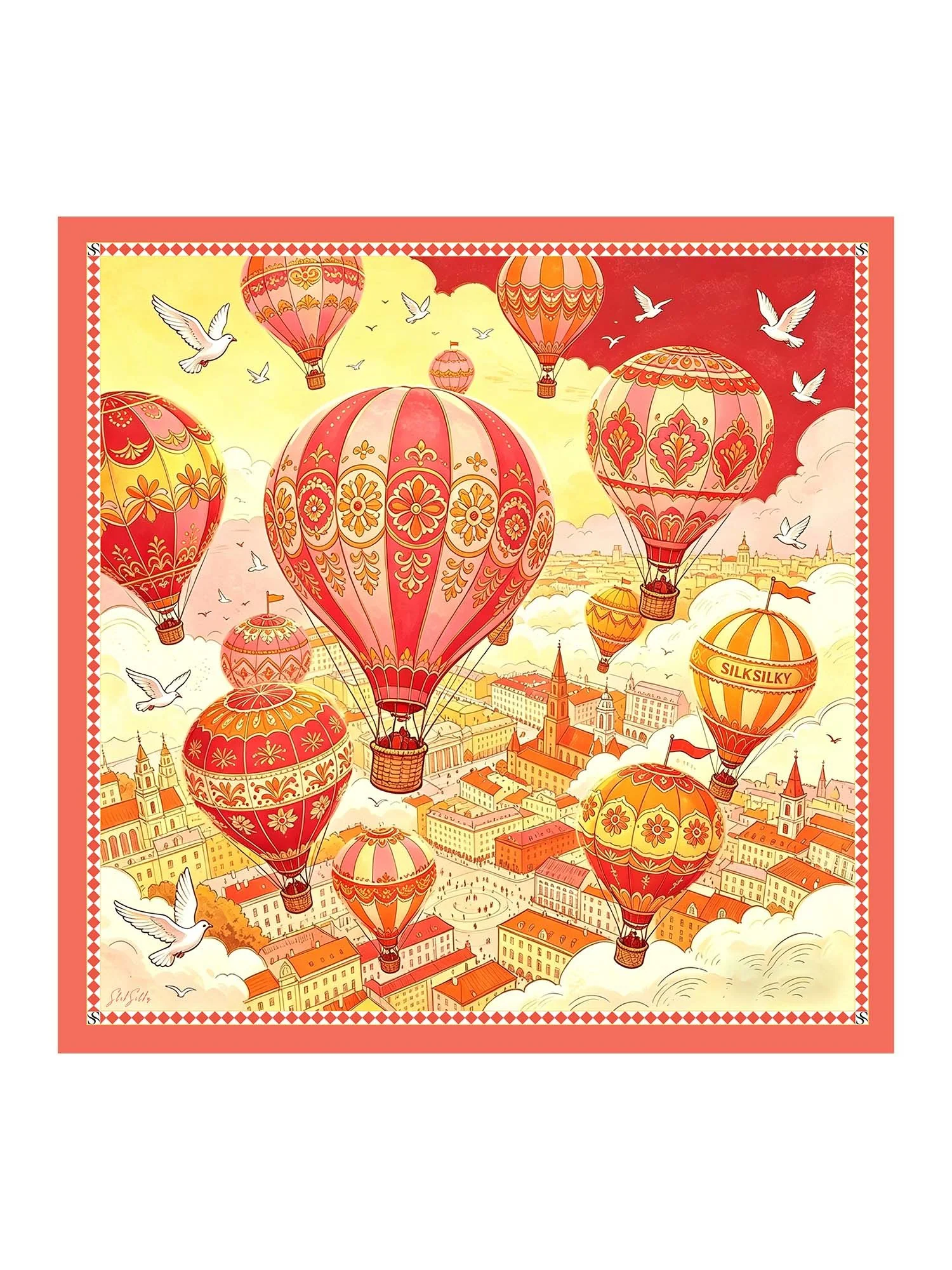 100 Soie De Mûrier Foulard Motif Montgolfière Taille 90x90cm