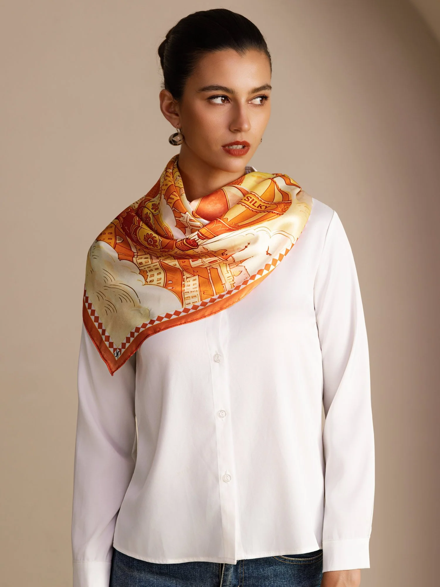 100 Soie De Mûrier Foulard Motif Montgolfière Taille 90x90cm - Image 3