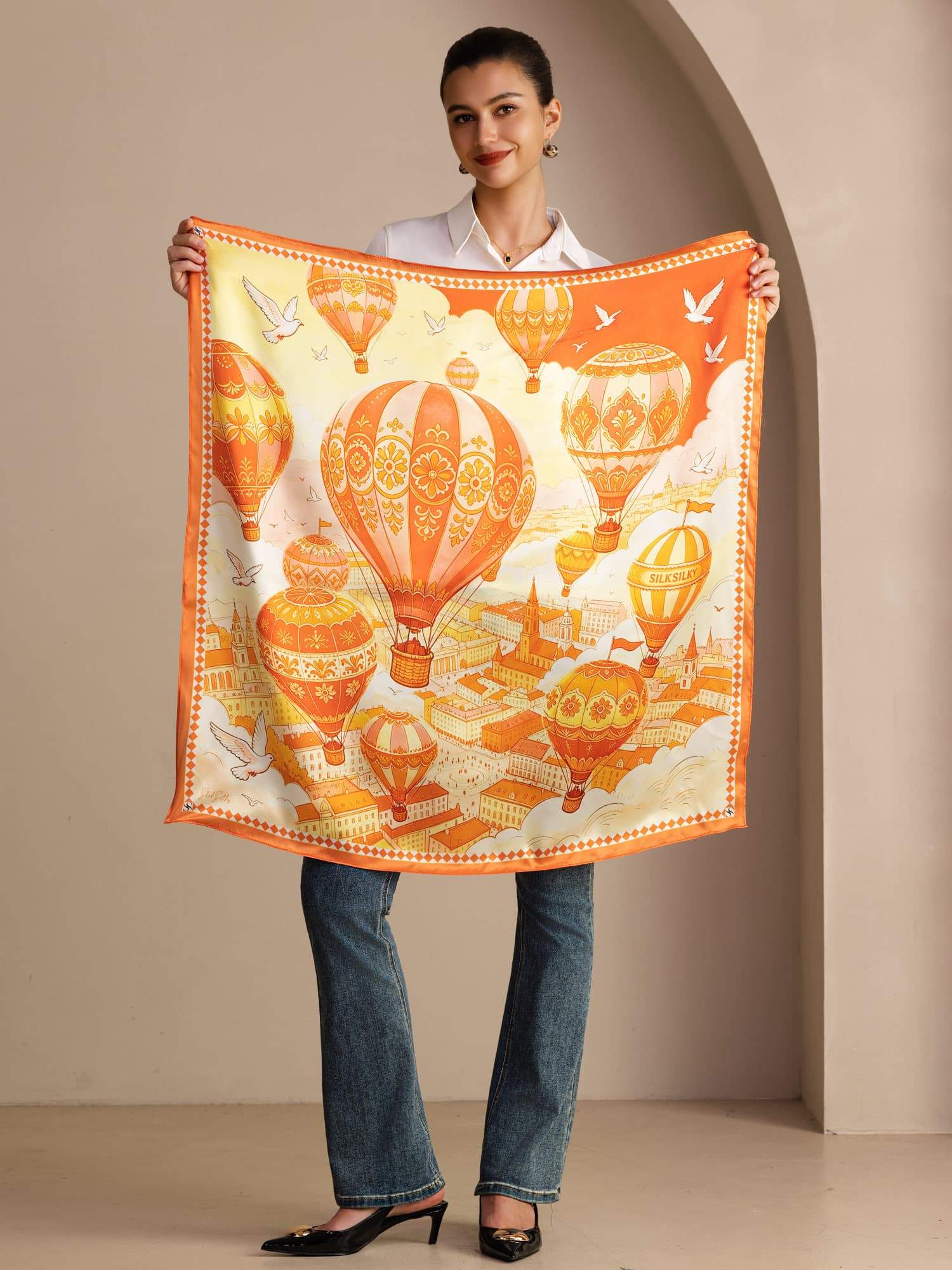 100 Soie De Mûrier Foulard Motif Montgolfière Taille 90x90cm - Image 5