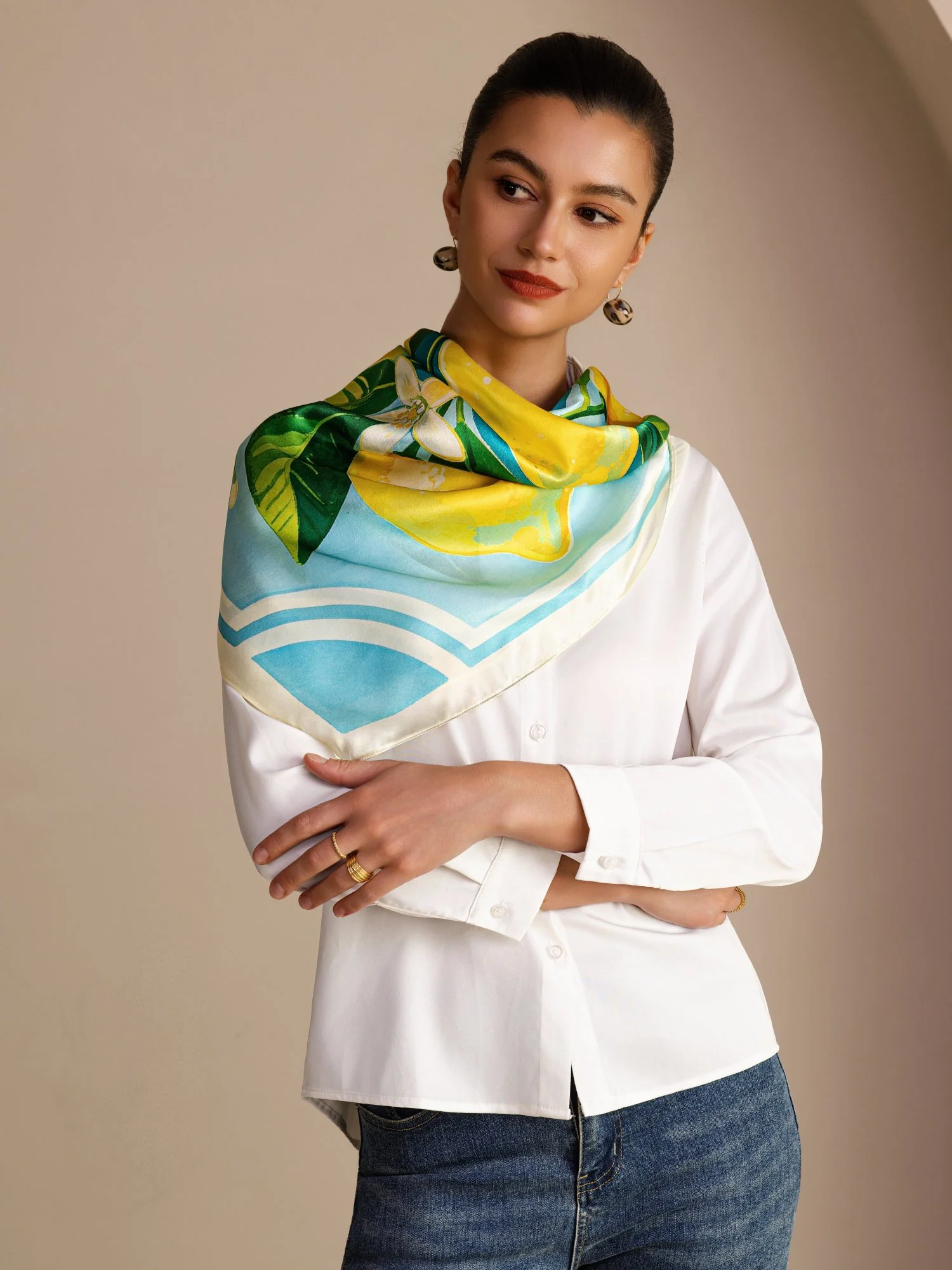 Foulard En Soie De Mûrier 100 Pour Cent Motif Citron Taille 90 x 90 cm - Image 5