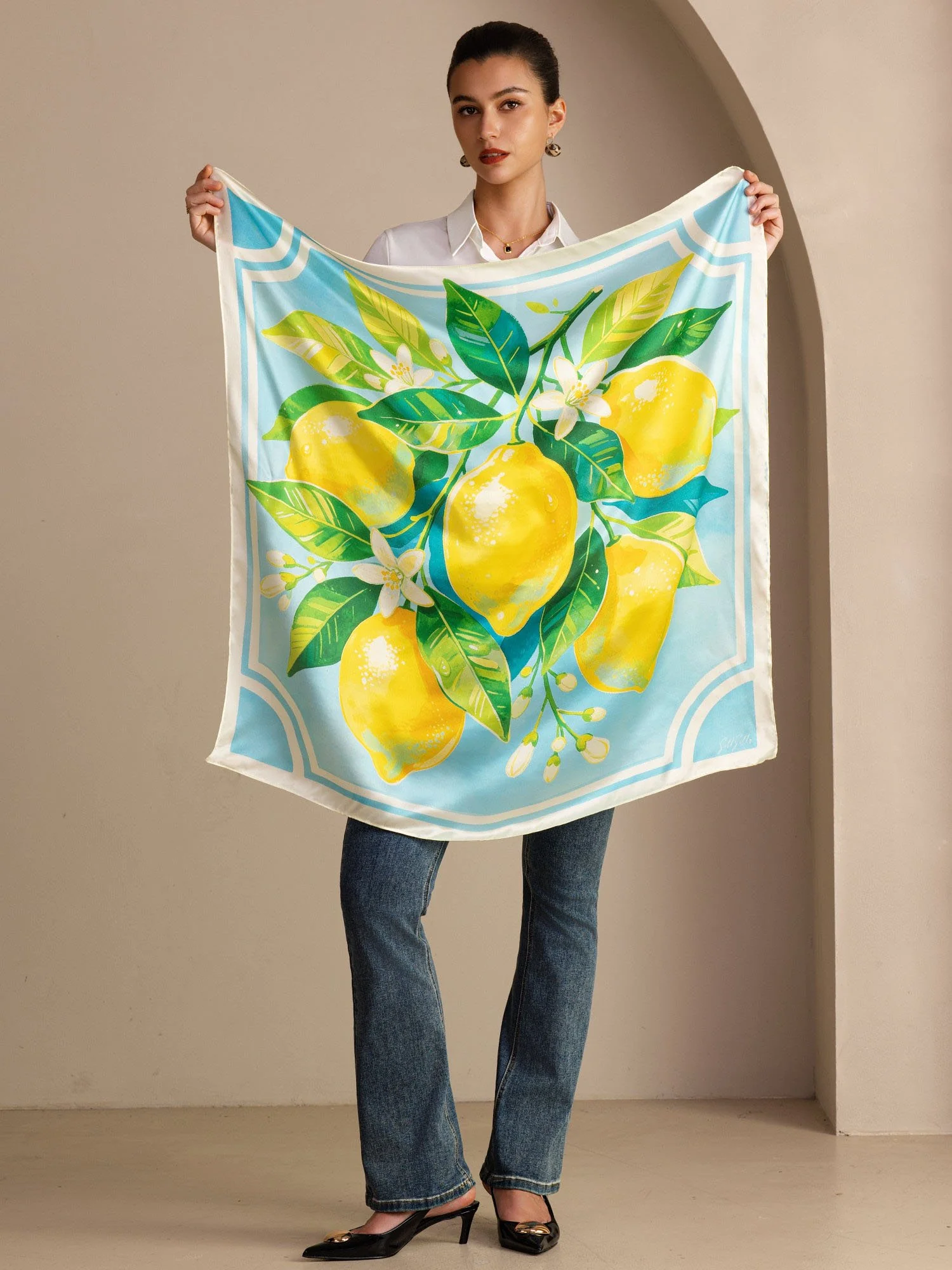 Foulard En Soie De Mûrier 100 Pour Cent Motif Citron Taille 90 x 90 cm - Image 6