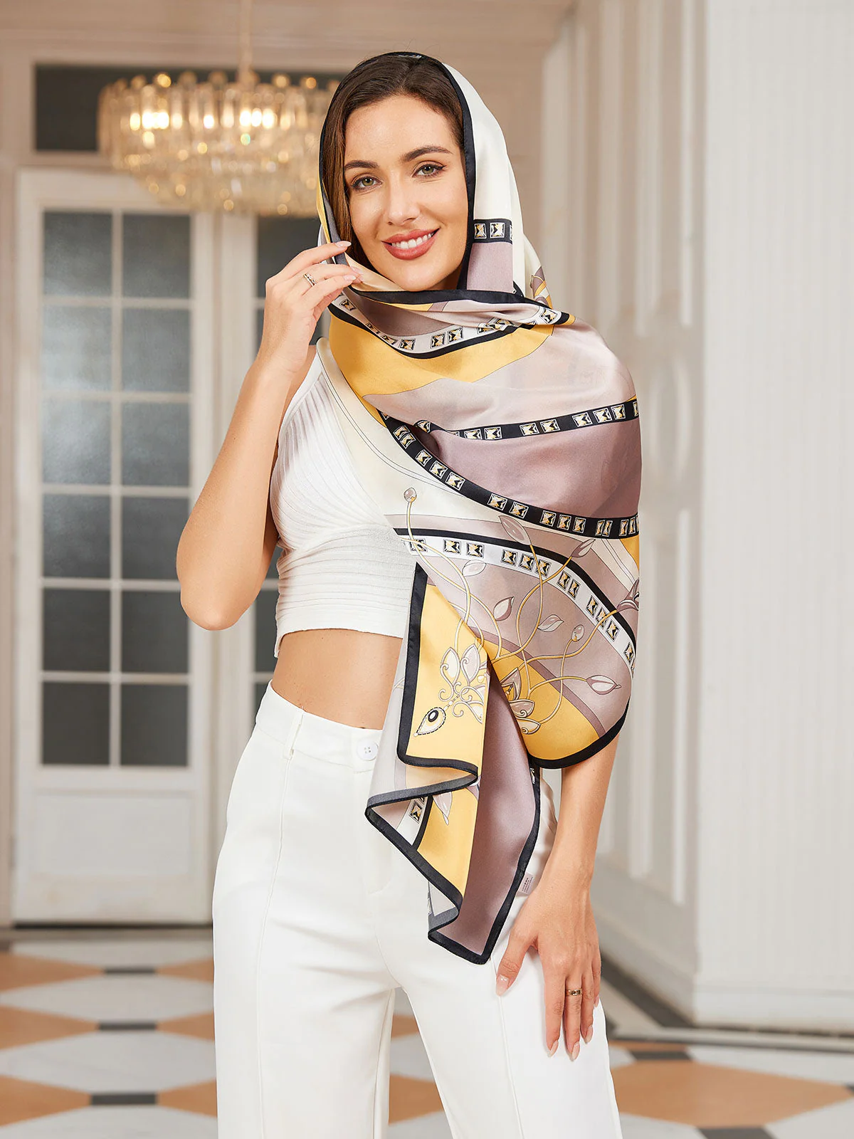 Foulard Châle Long Rectangulaire 100% Soie de Mûrier Imprimé 170x53cm - Image 4