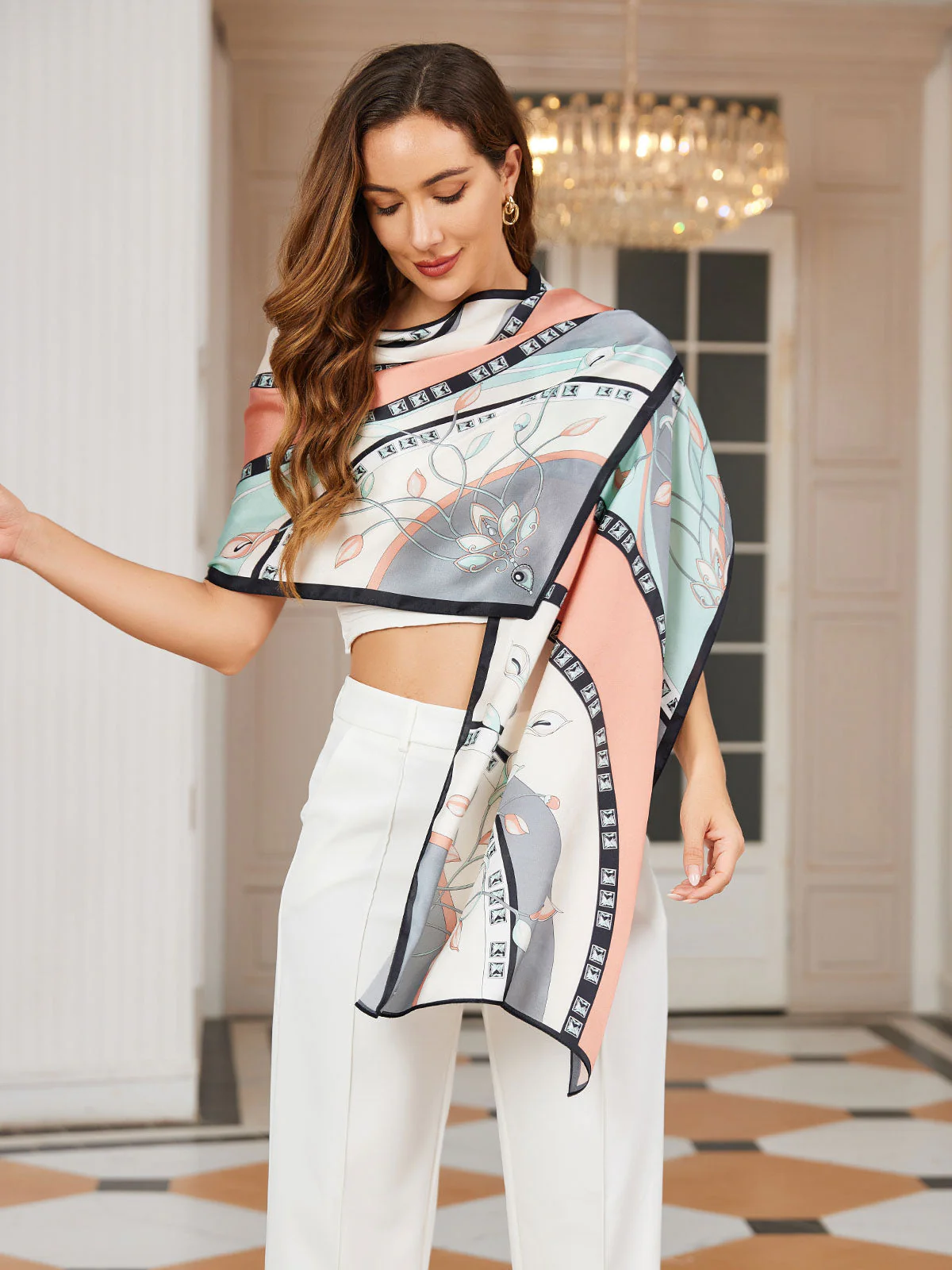 Foulard Châle Long Rectangulaire 100% Soie de Mûrier Imprimé 170x53cm - Image 5