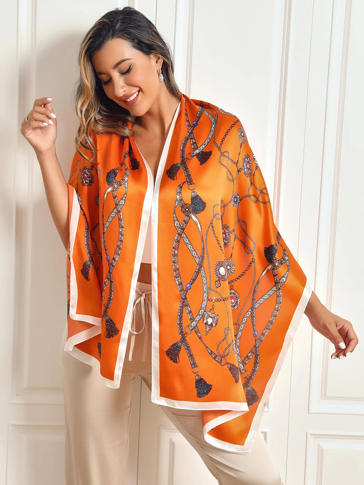 Foulard Châle Long Rectangulaire 100% Soie de Mûrier Imprimé 170x53cm - Image 4