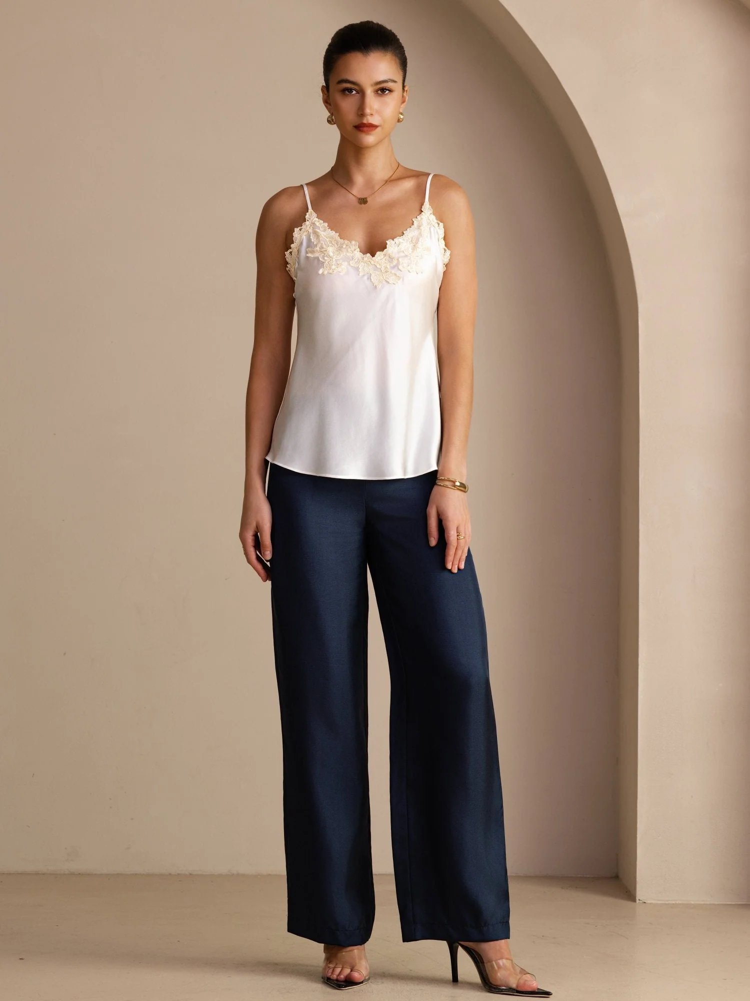 100 Pour Cent Soie De Mûrier Bretelles Spaghetti Col En V Dentelle Haut Camisole - Image 13