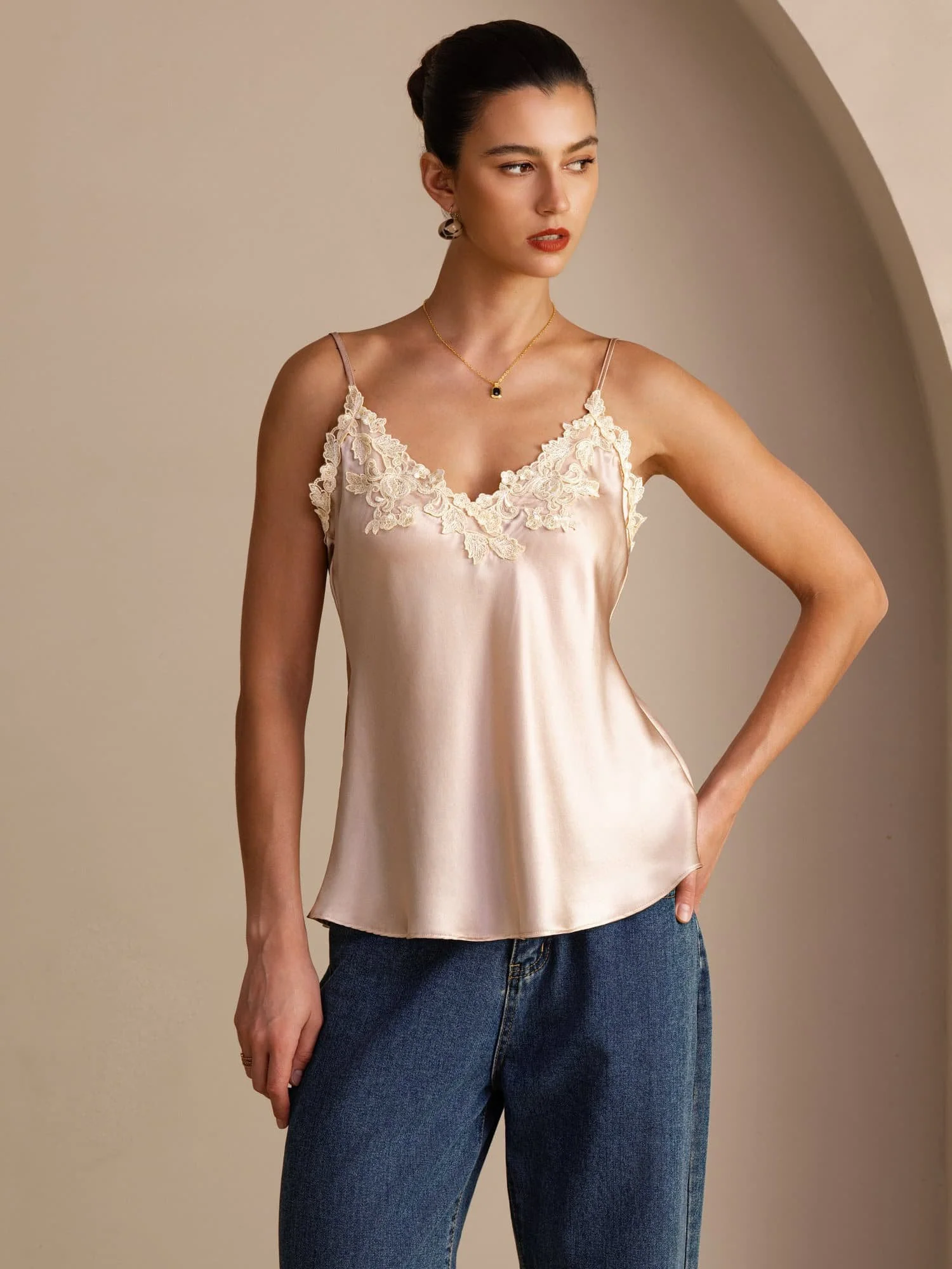 100 Pour Cent Soie De Mûrier Bretelles Spaghetti Col En V Dentelle Haut Camisole - Image 14