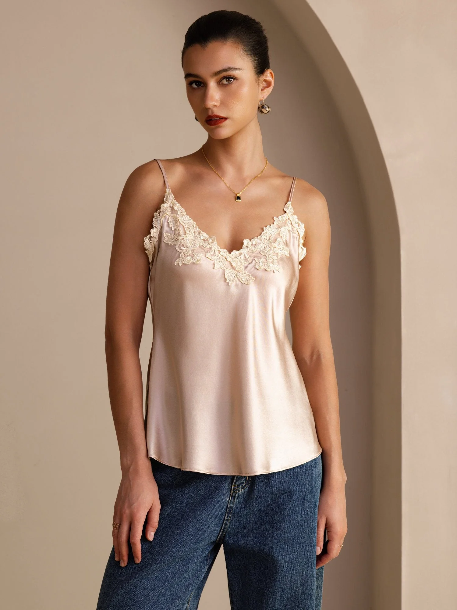 100 Pour Cent Soie De Mûrier Bretelles Spaghetti Col En V Dentelle Haut Camisole - Image 16