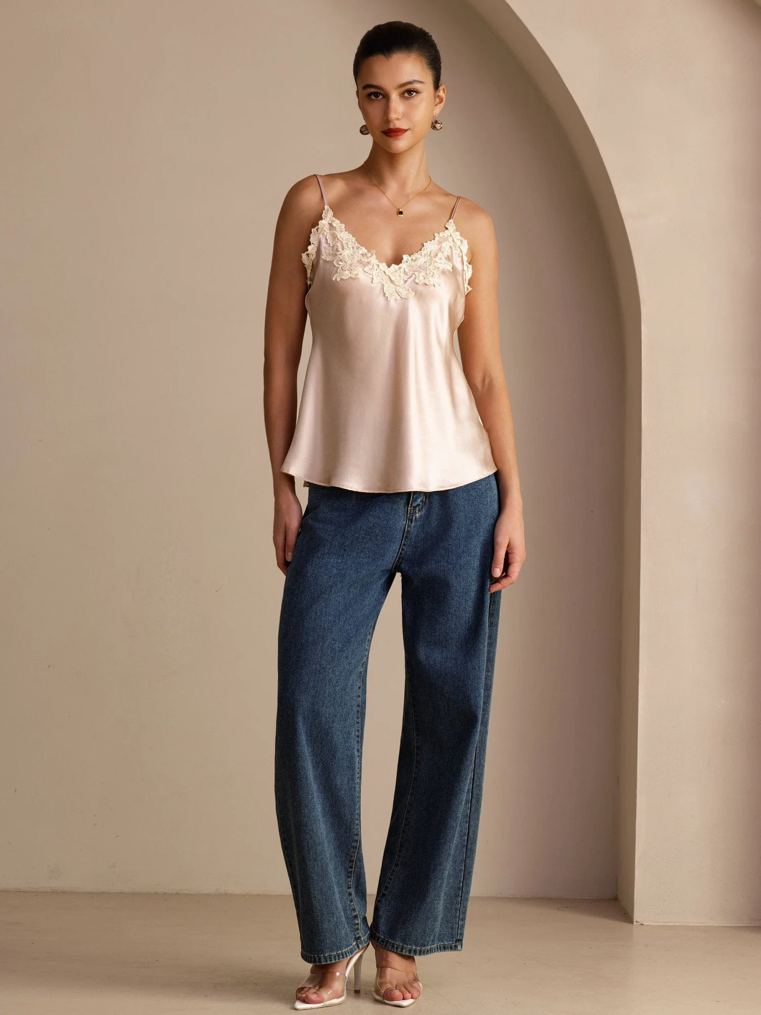 100 Pour Cent Soie De Mûrier Bretelles Spaghetti Col En V Dentelle Haut Camisole - Image 19