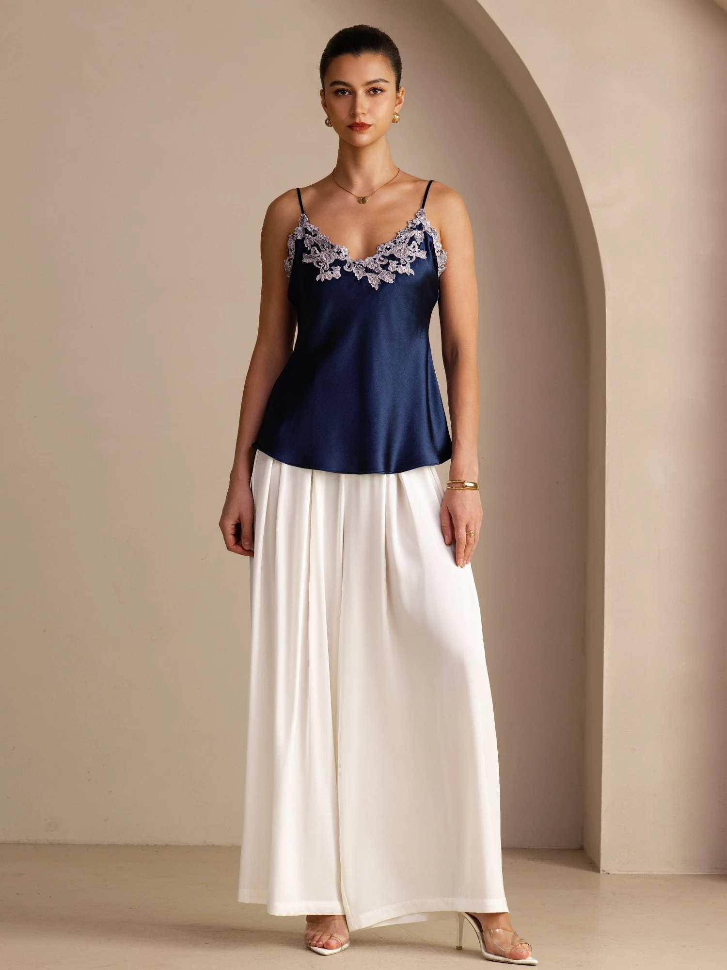 100 Pour Cent Soie De Mûrier Bretelles Spaghetti Col En V Dentelle Haut Camisole - Image 6