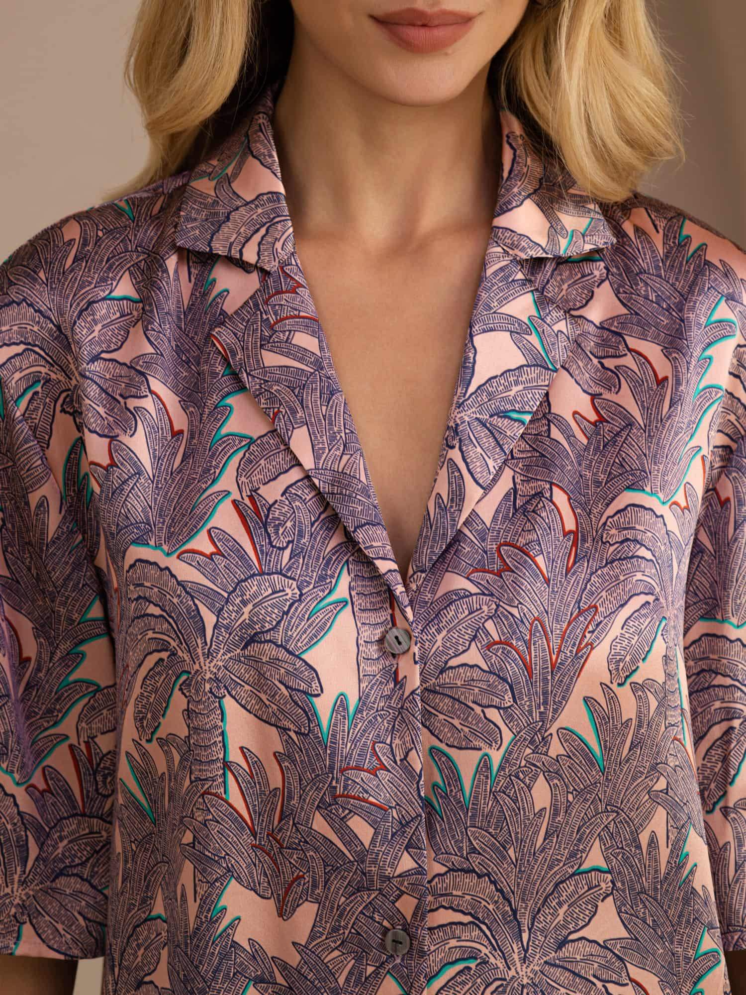 Ensemble De Pyjama Femme En Soie De Mûrier 100% À Imprimé Palmier Manches Courtes Boutonné - Image 5