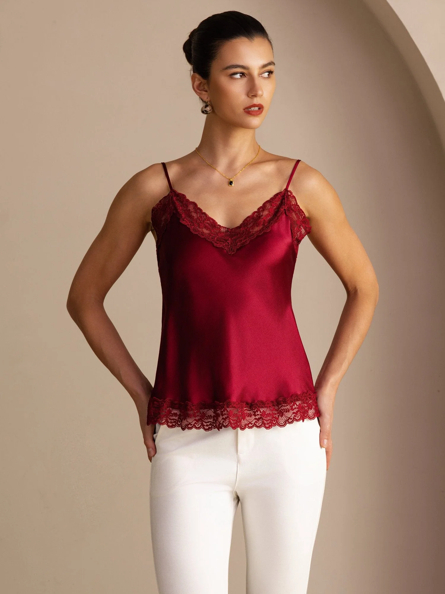 100% Soie De Murier Caraco Femme A Bretelles Fines Col En V Avec Dentelle - Image 26