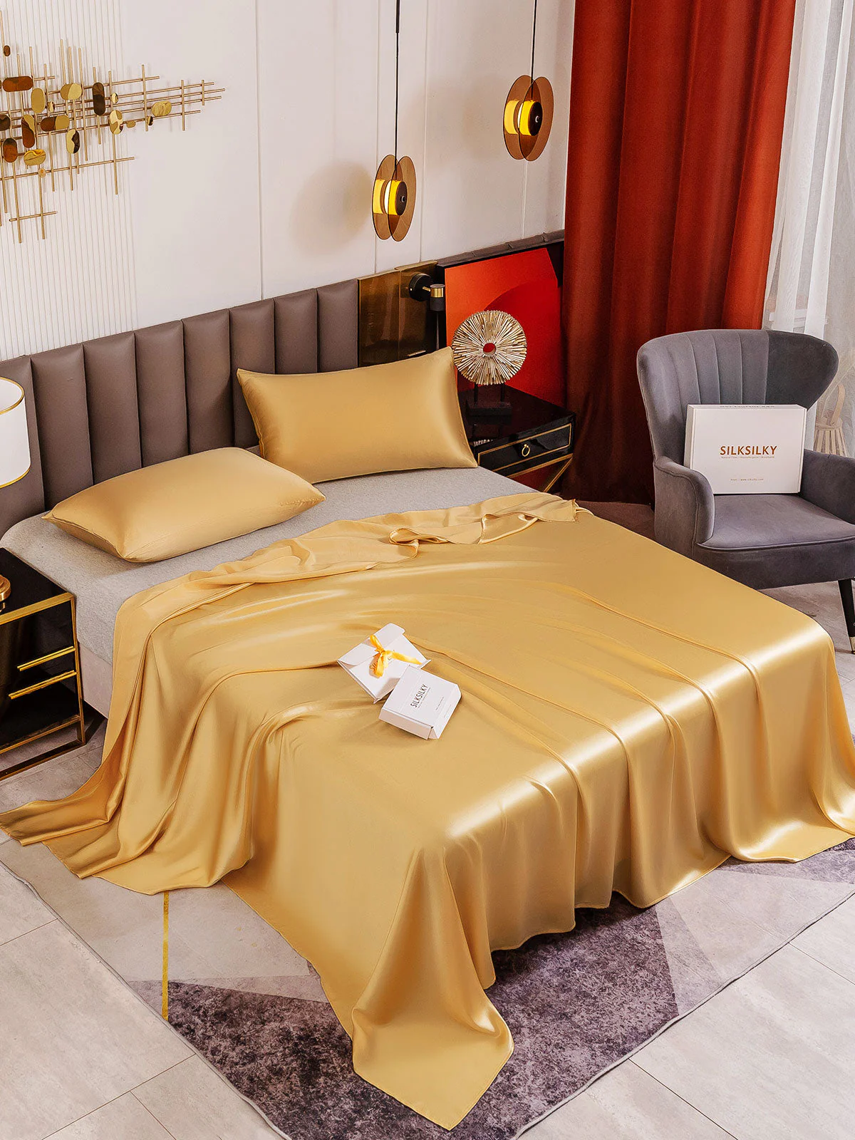 19Momme 3Pcs Set de soie Draps Plat+2x Taies d‘oreiller - Image 21