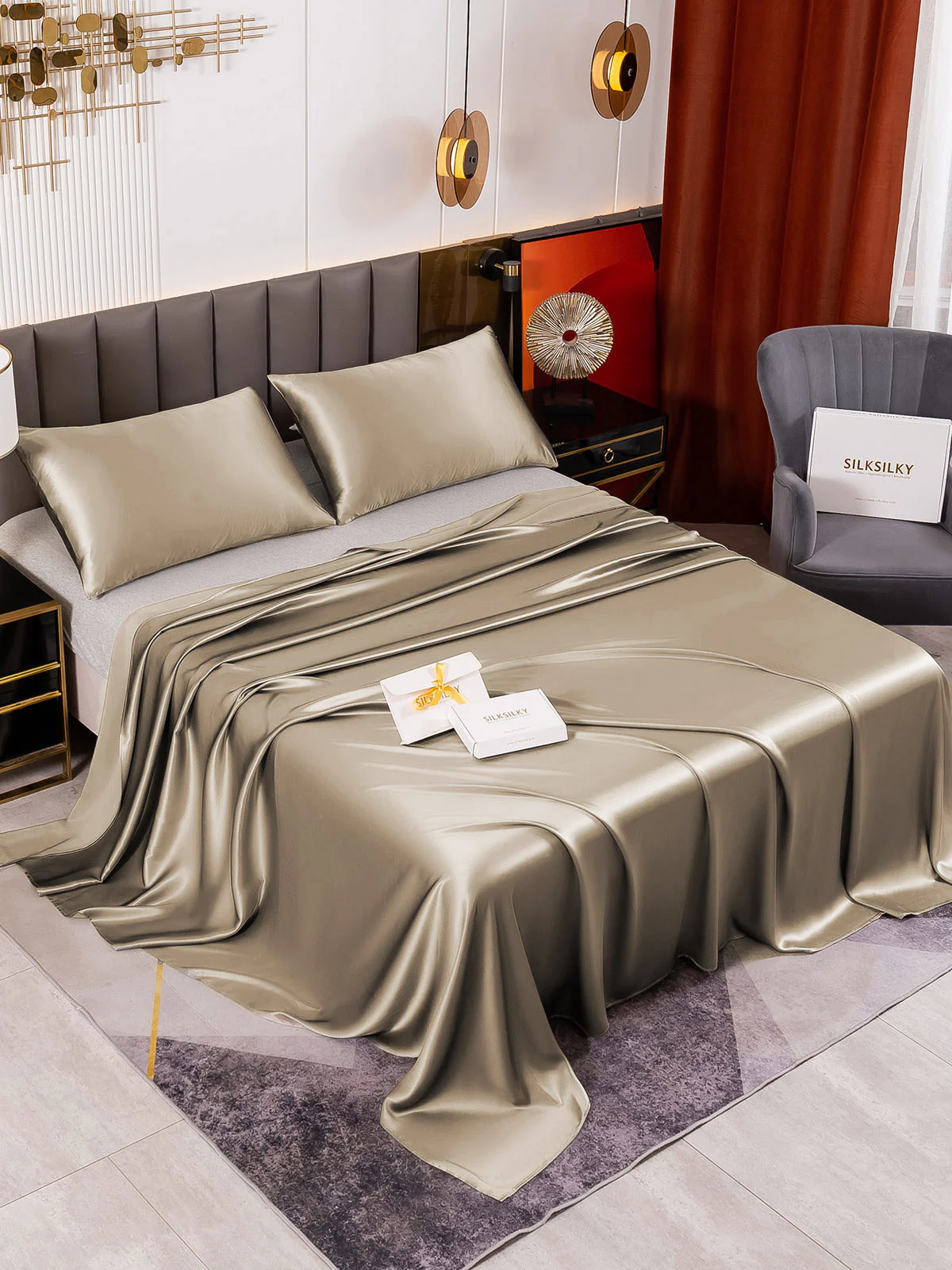 19Momme 3Pcs Set de soie Draps Plat+2x Taies d‘oreiller - Image 33