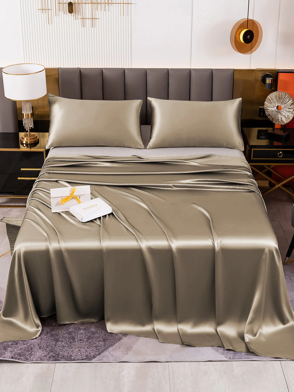 19Momme 3Pcs Set de soie Draps Plat+2x Taies d‘oreiller - Image 34