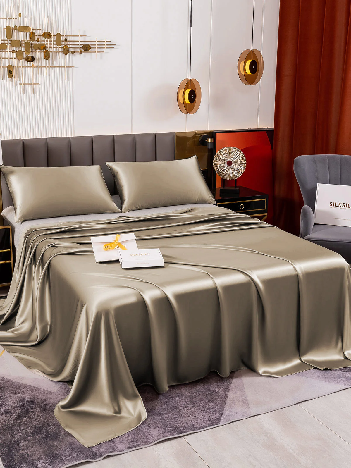 19Momme 3Pcs Set de soie Draps Plat+2x Taies d‘oreiller - Image 35