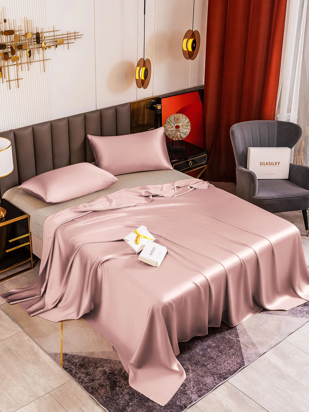 19Momme 3Pcs Set de soie Draps Plat+2x Taies d‘oreiller - Image 48
