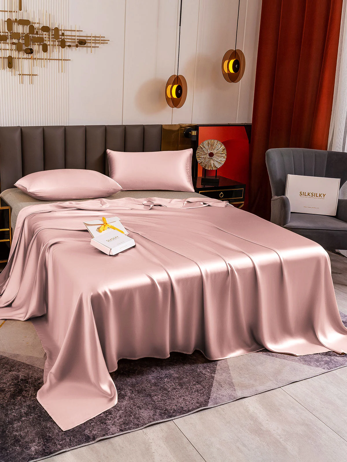 19Momme 3Pcs Set de soie Draps Plat+2x Taies d‘oreiller - Image 51