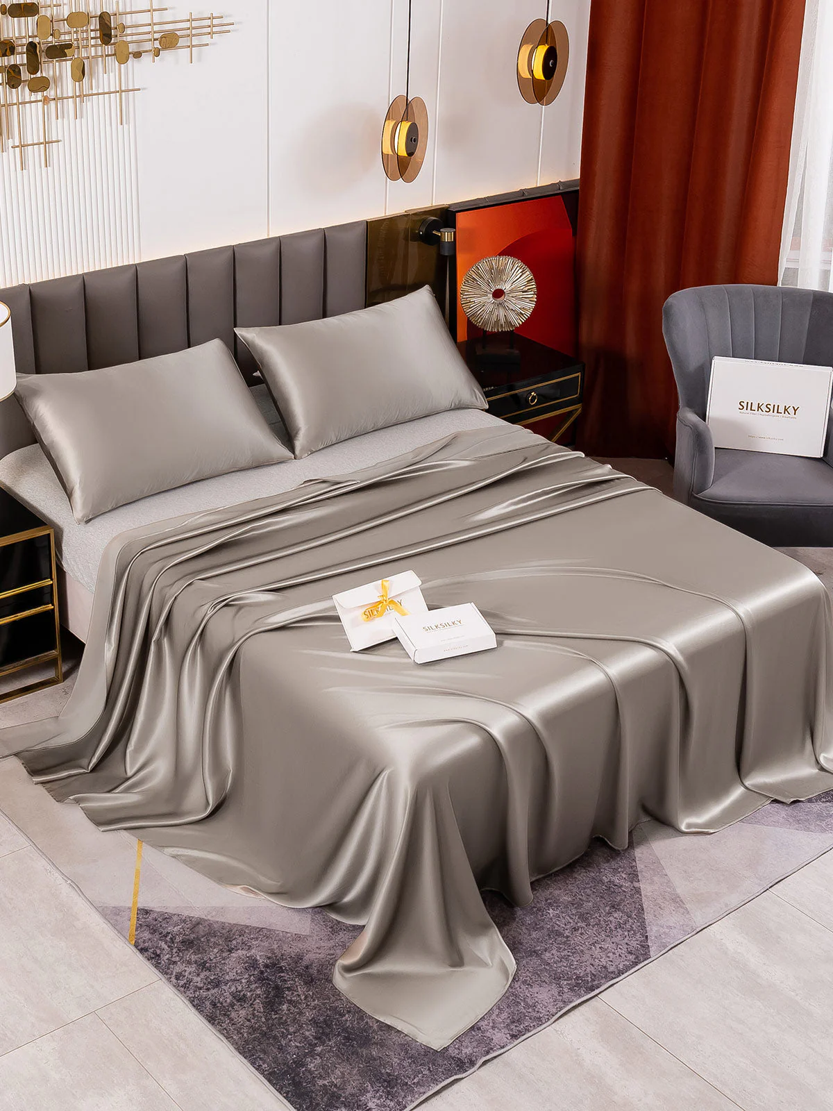 19Momme 3Pcs Set de soie Draps Plat+2x Taies d‘oreiller - Image 53