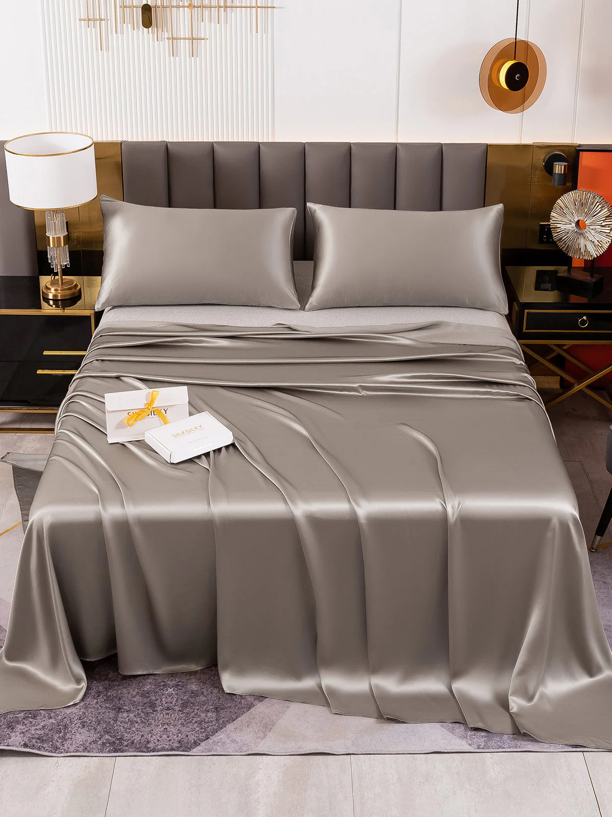 19Momme 3Pcs Set de soie Draps Plat+2x Taies d‘oreiller - Image 54