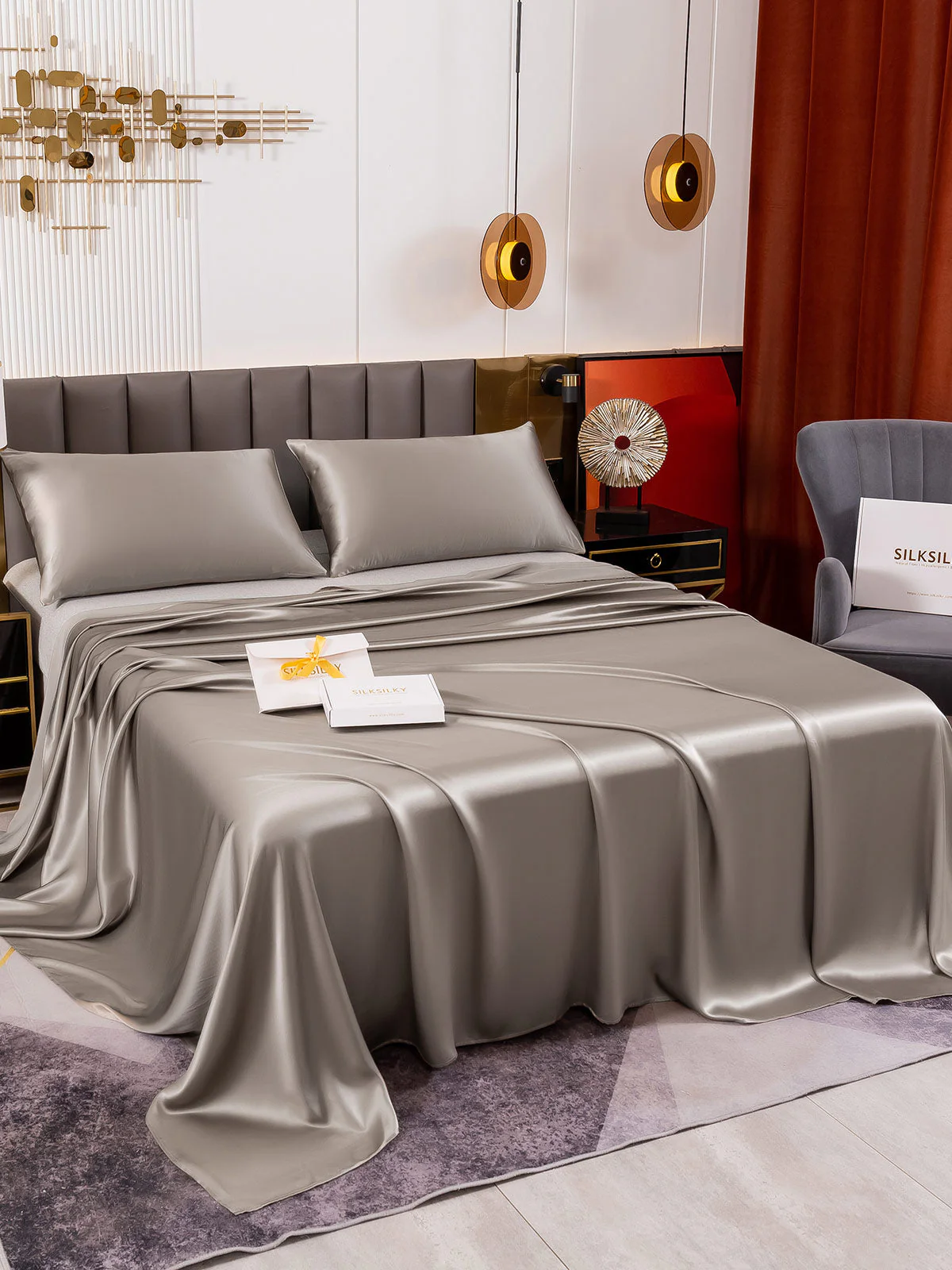 19Momme 3Pcs Set de soie Draps Plat+2x Taies d‘oreiller - Image 55