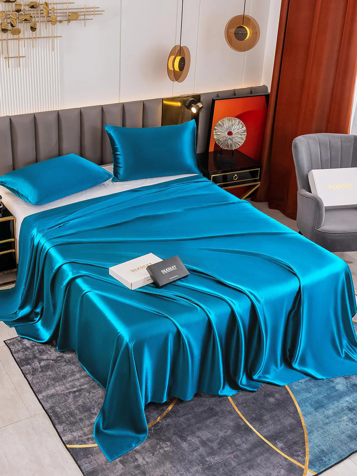 19Momme 3Pcs Set de soie Draps Plat+2x Taies d‘oreiller - Image 64