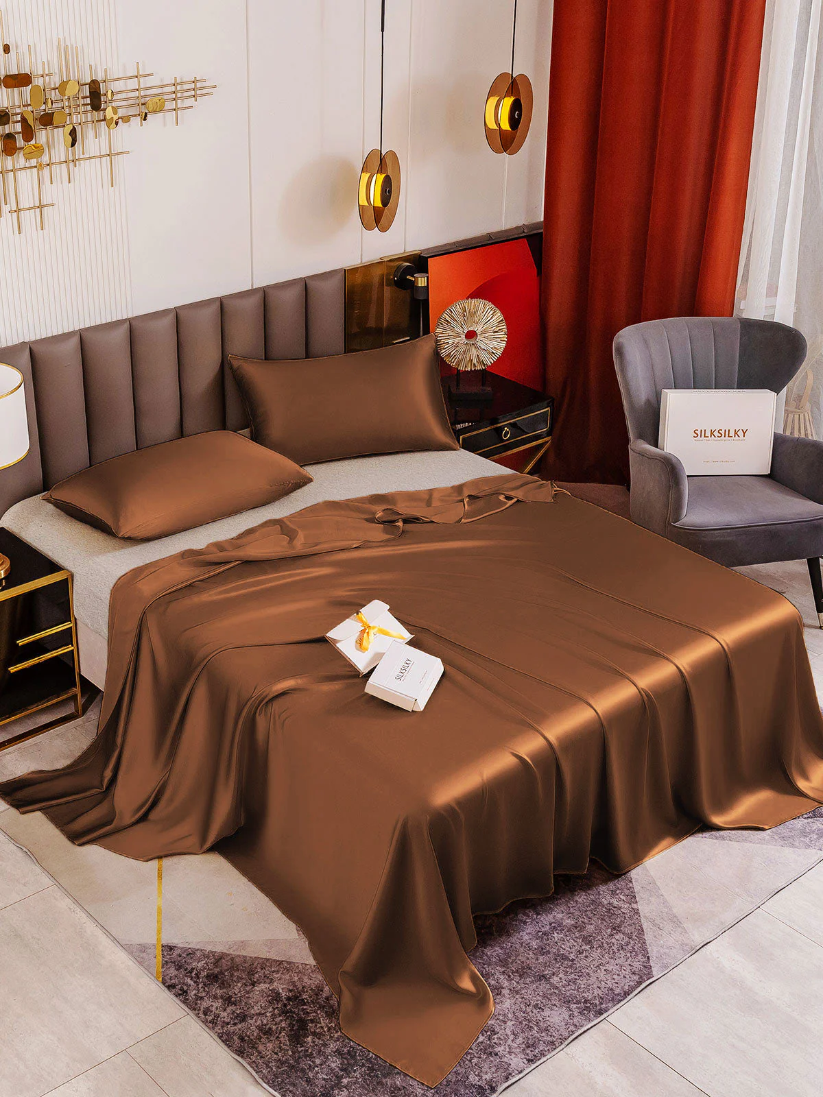 19Momme 3Pcs Set de soie Draps Plat+2x Taies d‘oreiller - Image 69