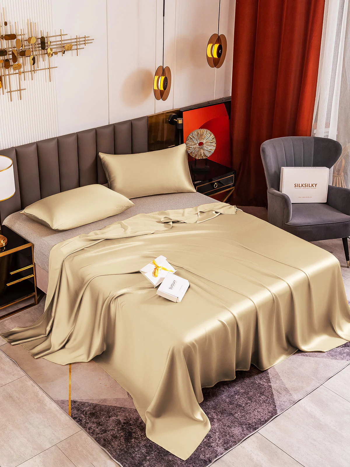 19Momme 3Pcs Set de soie Draps Plat+2x Taies d‘oreiller - Image 74