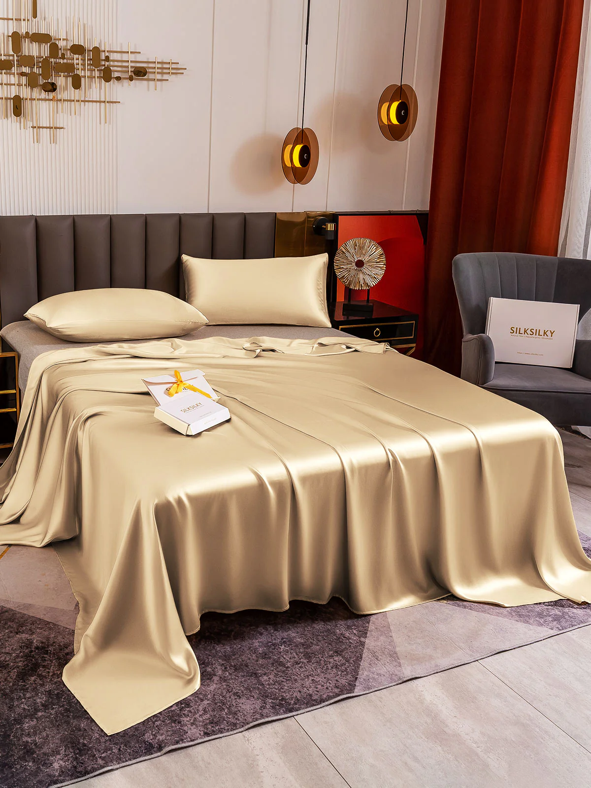 19Momme 3Pcs Set de soie Draps Plat+2x Taies d‘oreiller - Image 76