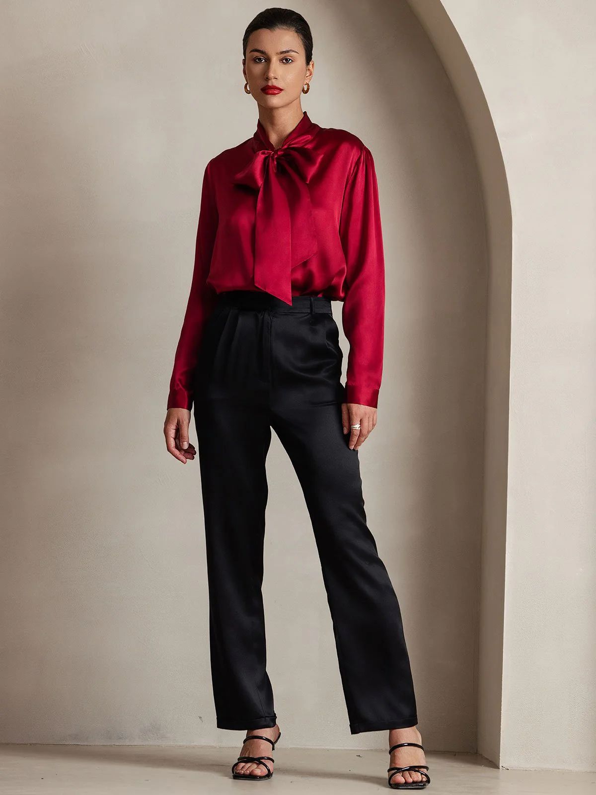 19 Momme Chemise Élégante en Soie avec Col à Nouer à Manches Longues - Image 26