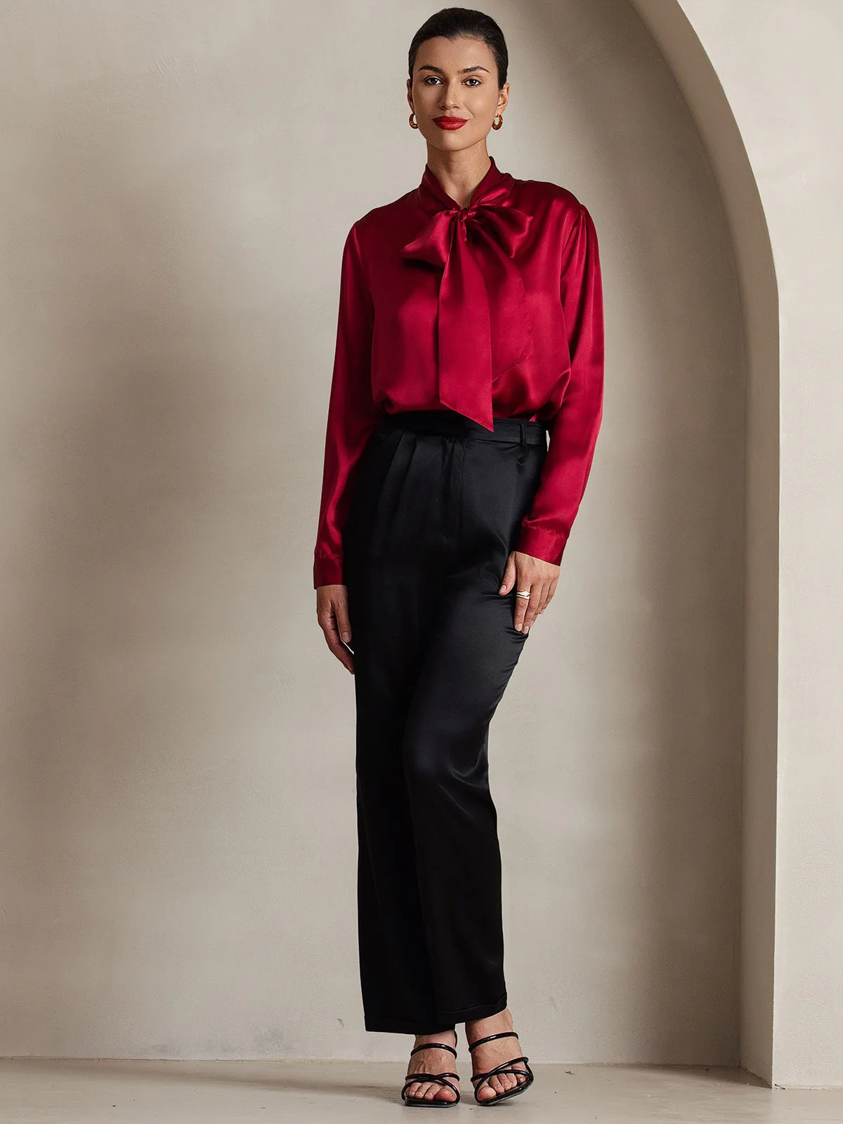 19 Momme Chemise Élégante en Soie avec Col à Nouer à Manches Longues - Image 29