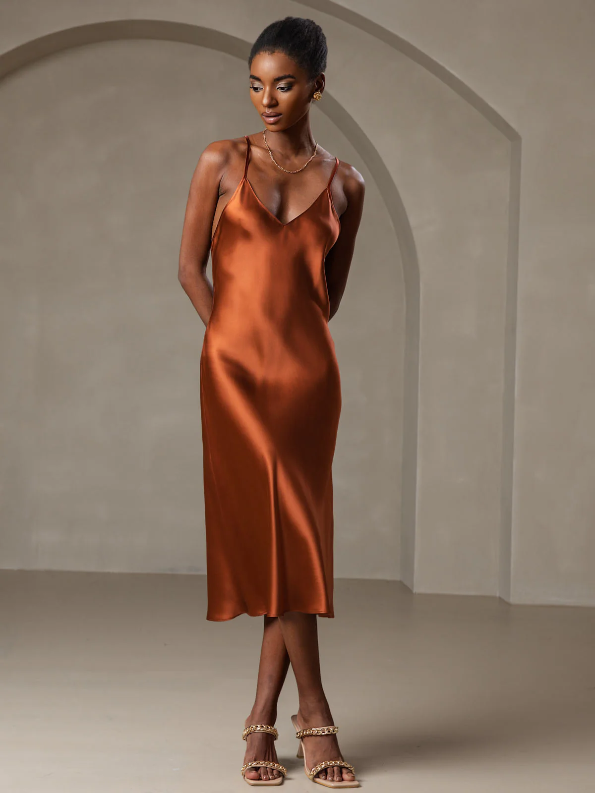 Pure Soie Bretelles Spaghetti dos Croisé Robe - Image 13