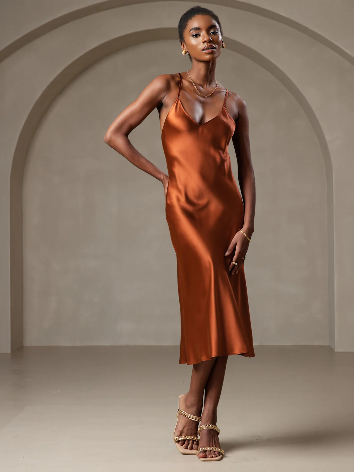 Pure Soie Bretelles Spaghetti dos Croisé Robe - Image 14