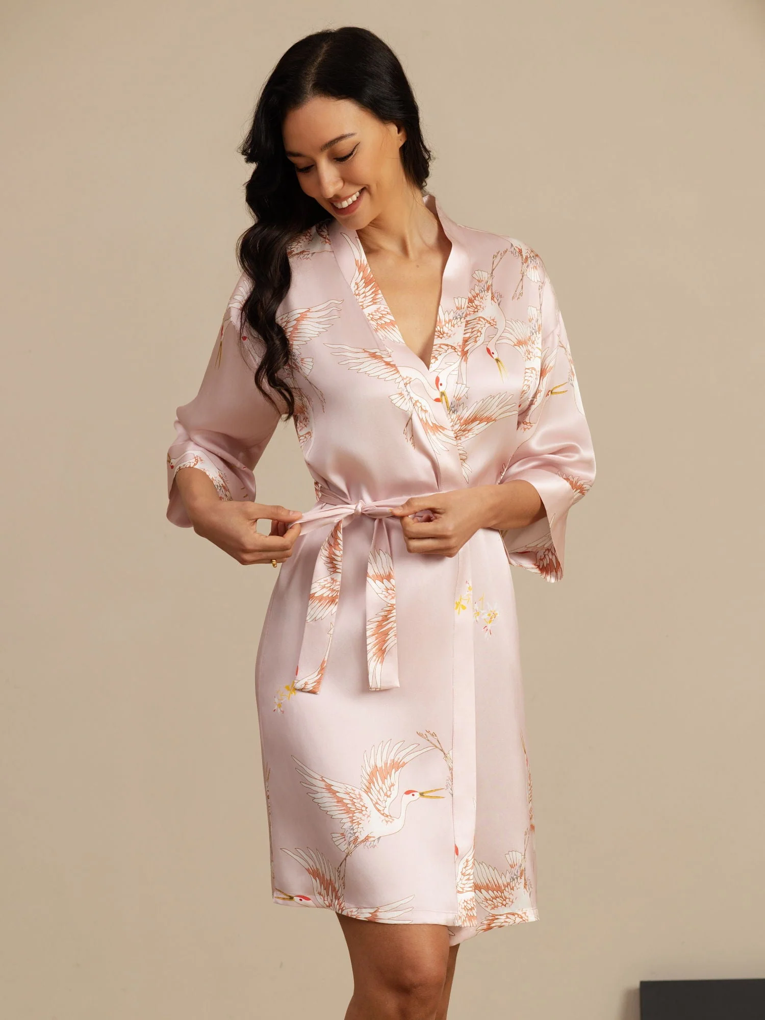 19Momme Pure Soie Imprimé Grue Peignoir Kimono Pour Femme à Ceinture - Image 11