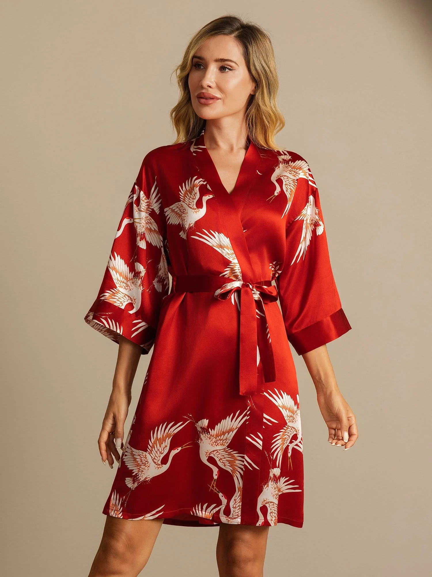 19Momme Pure Soie Imprimé Grue Peignoir Kimono Pour Femme à Ceinture - Image 7
