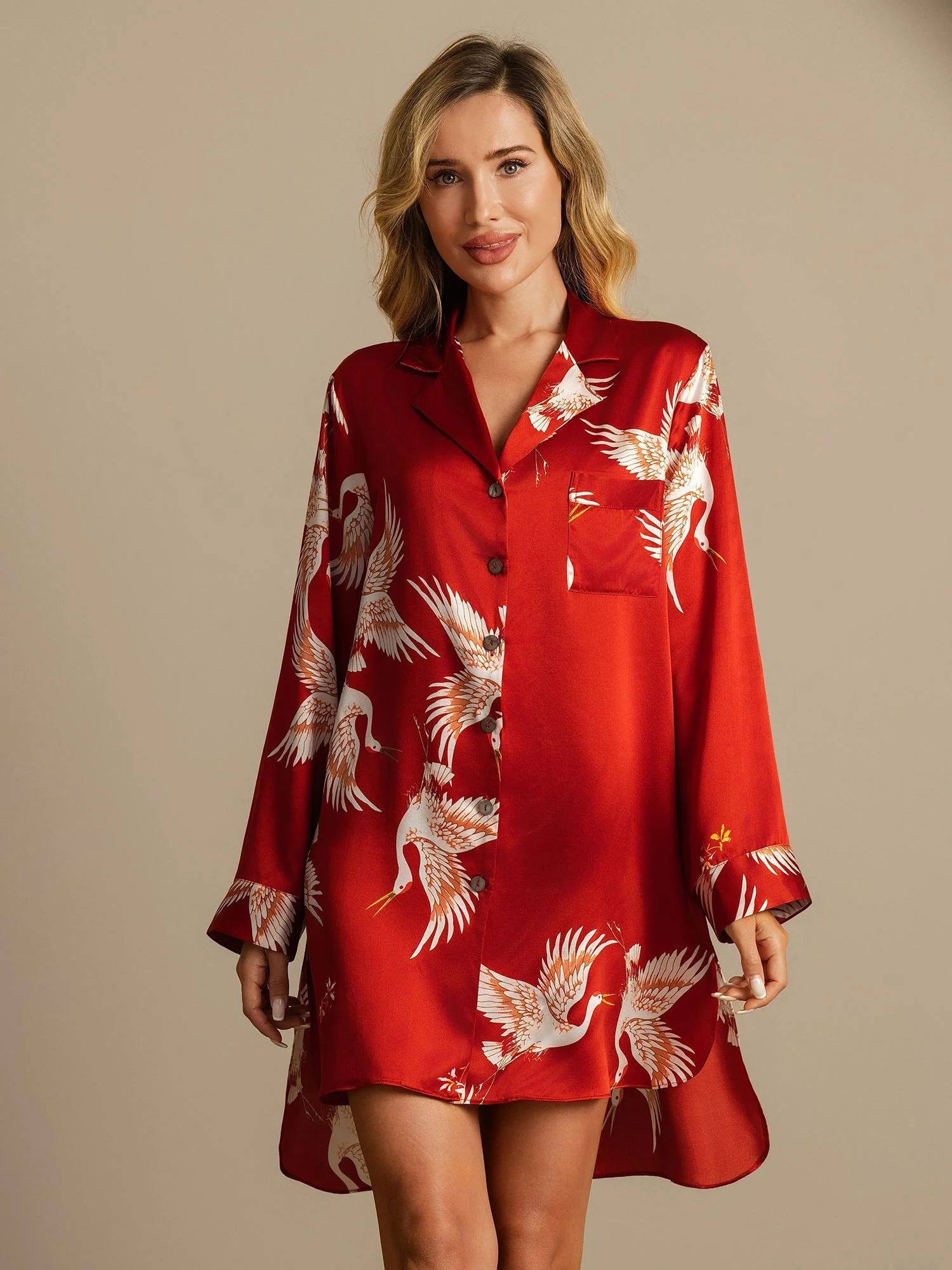 19Momme Pure Soie Chemise de Nuit Imprimé Grue avec Ourlet High-Low - Image 18