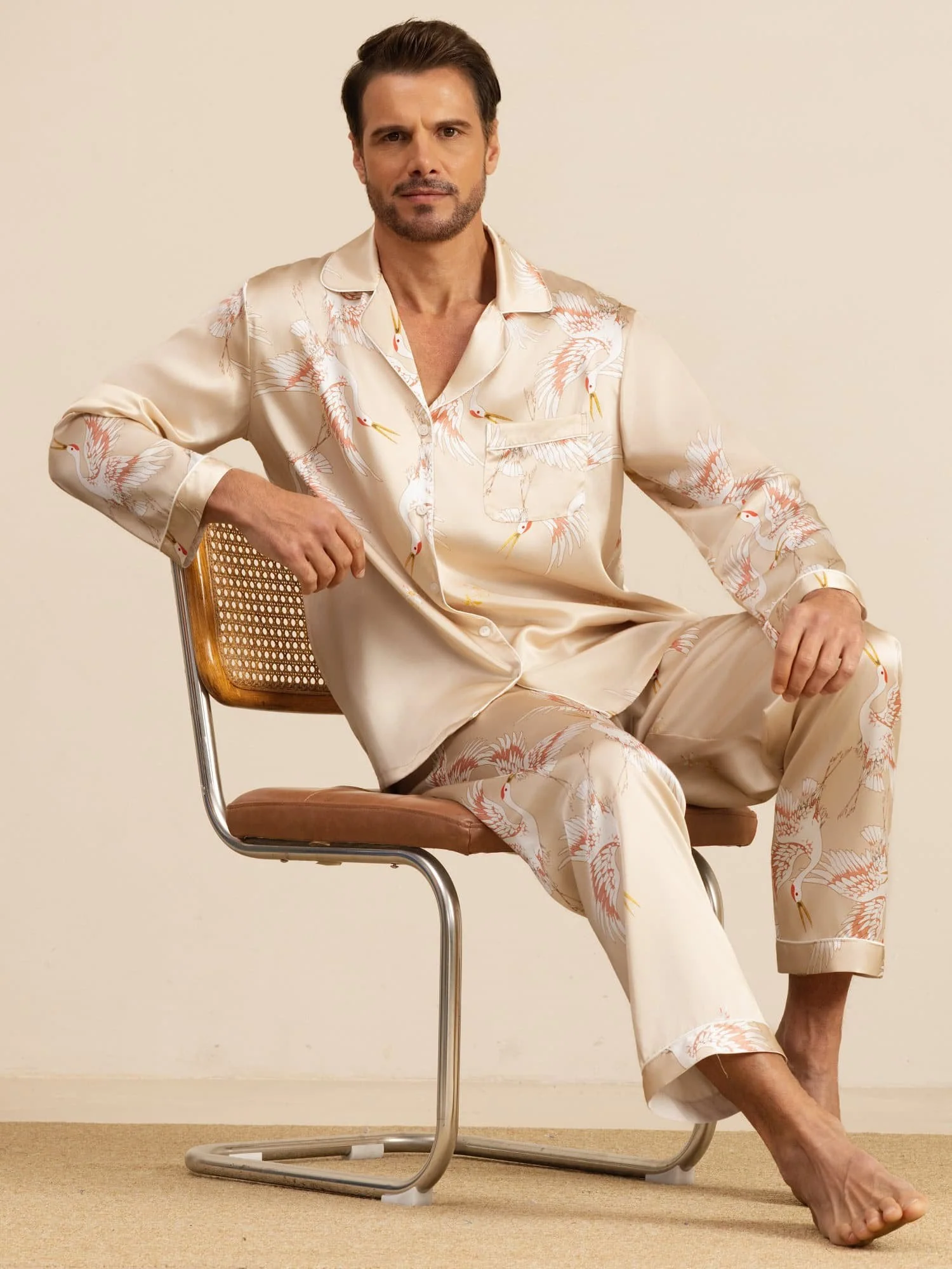 Ensemble Pyjama Homme Imprimé Grue Soie Pure 19Momme Manches Longues Col Notch - Image 25