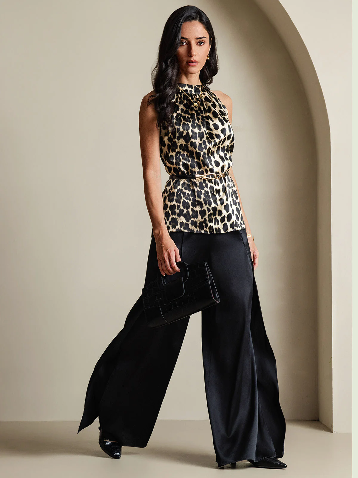 Haut En Soie 19Momme Sans Manches À Col Halter Imprimé Léopard Pour Femme - Image 5