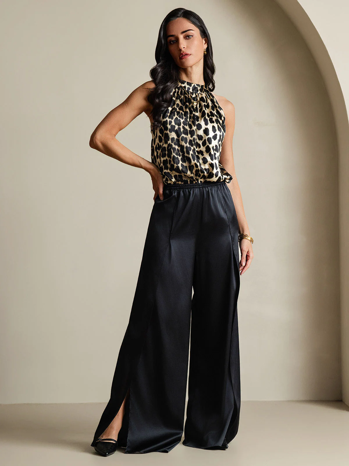 Haut En Soie 19Momme Sans Manches À Col Halter Imprimé Léopard Pour Femme - Image 7