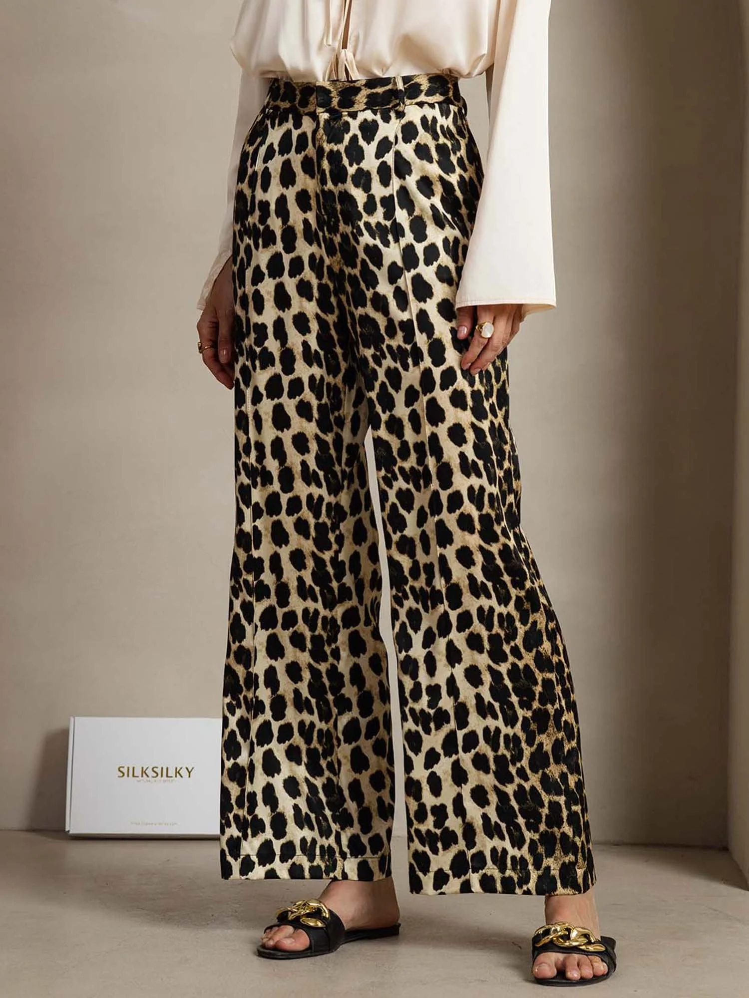 Pantalon Femme En Soie 19Momme À Imprimé Léopard À Jambes Droites Avec Poches Latérales - Image 3