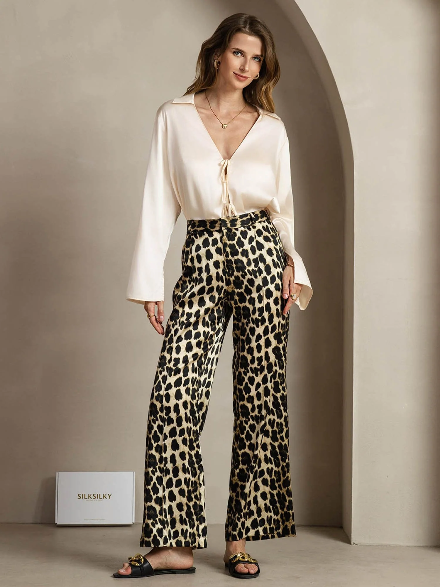 Pantalon Femme En Soie 19Momme À Imprimé Léopard À Jambes Droites Avec Poches Latérales - Image 4