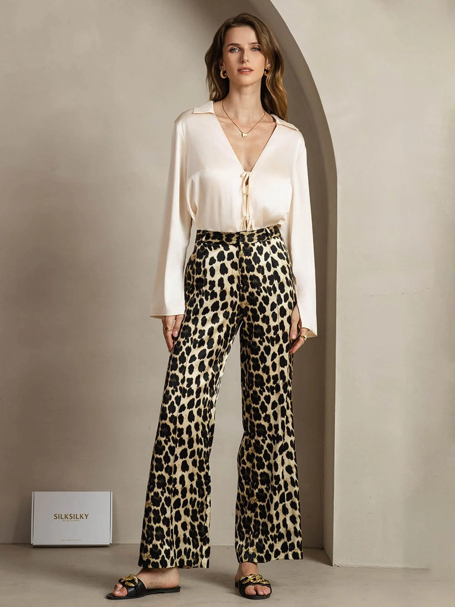 Pantalon Femme En Soie 19Momme À Imprimé Léopard À Jambes Droites Avec Poches Latérales - Image 6