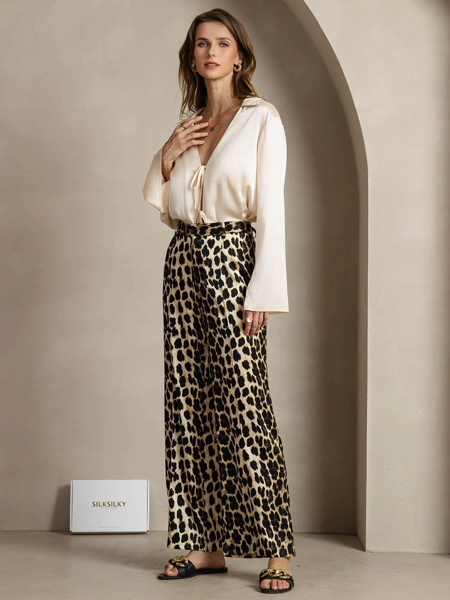 Pantalon Femme En Soie 19Momme À Imprimé Léopard À Jambes Droites Avec Poches Latérales - Image 7