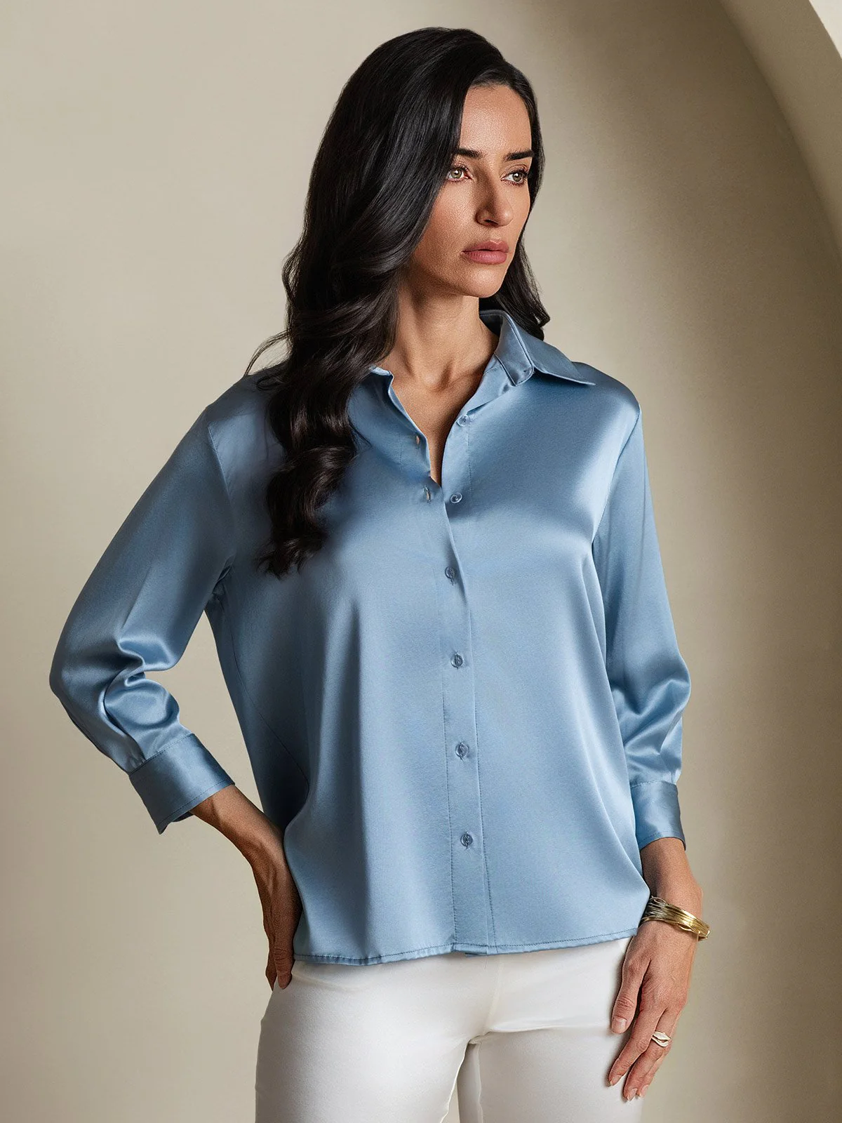 19Momme Soie longues Manches Col Chemise - Image 3