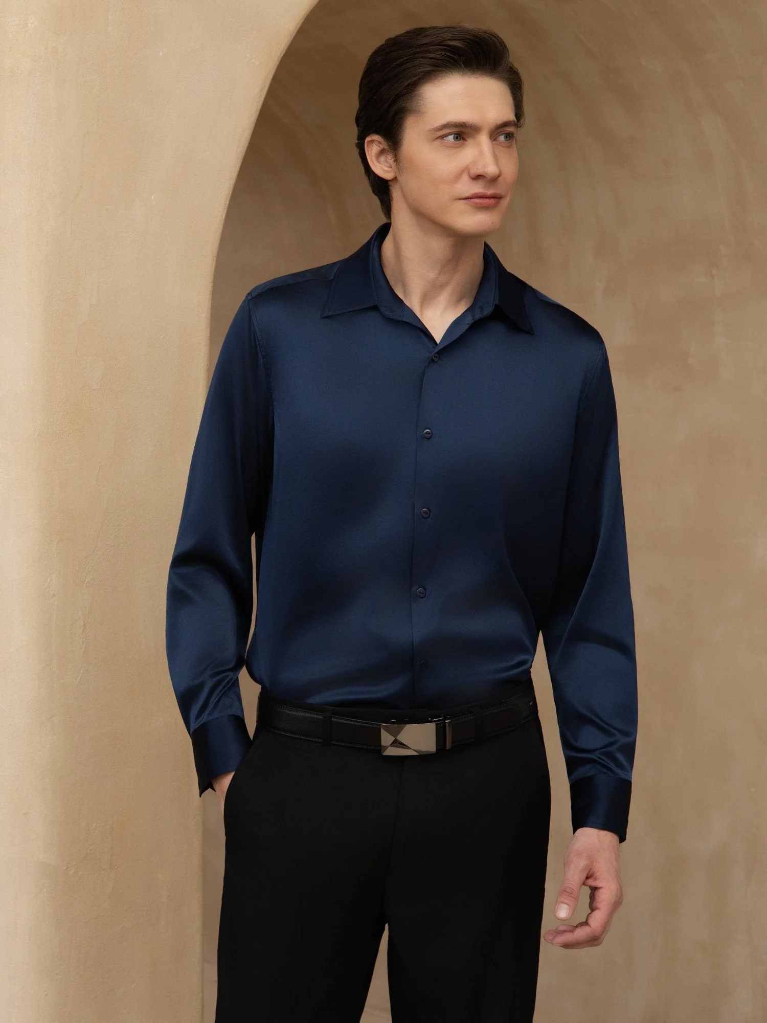 Chemise De Bureau Classique En Soie 19Momme À Manches Longues Col Revers Pour Homme - Image 21