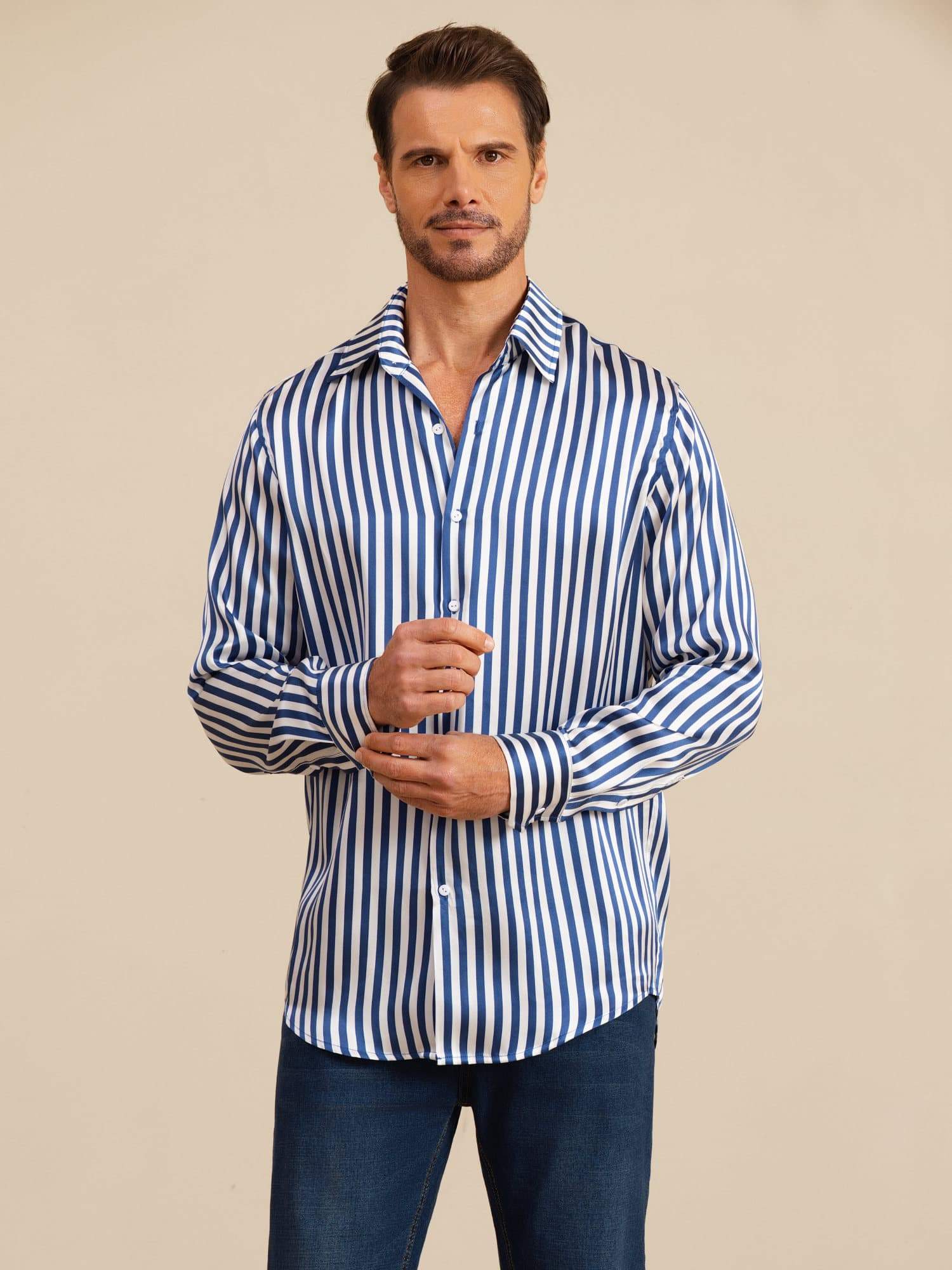 19Momme Soie Homme Manche Longue Col Revers Imprimé Rayures Chemise - Image 3