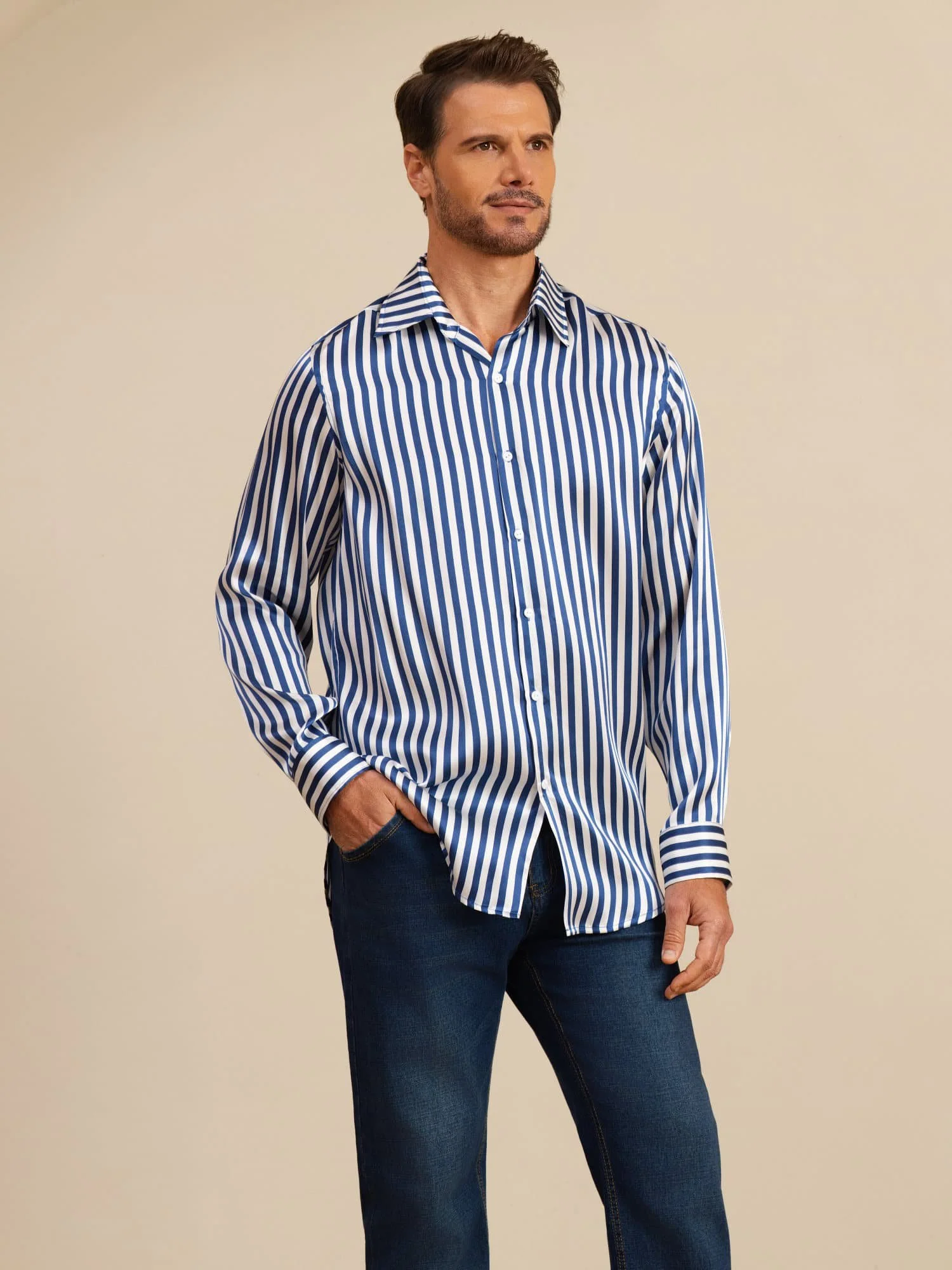 19Momme Soie Homme Manche Longue Col Revers Imprimé Rayures Chemise - Image 4