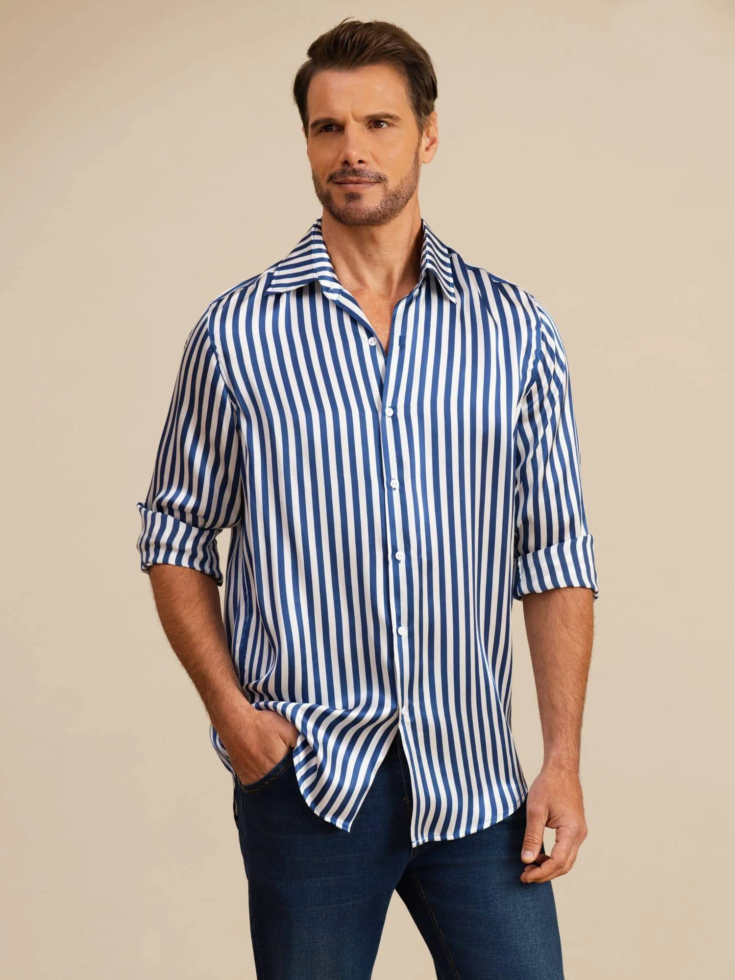 19Momme Soie Homme Manche Longue Col Revers Imprimé Rayures Chemise - Image 5