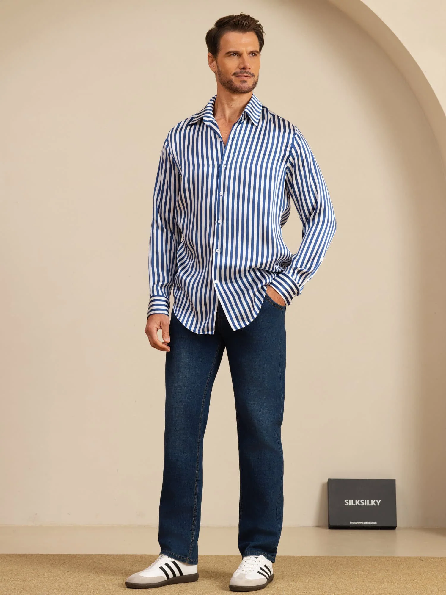 19Momme Soie Homme Manche Longue Col Revers Imprimé Rayures Chemise - Image 7