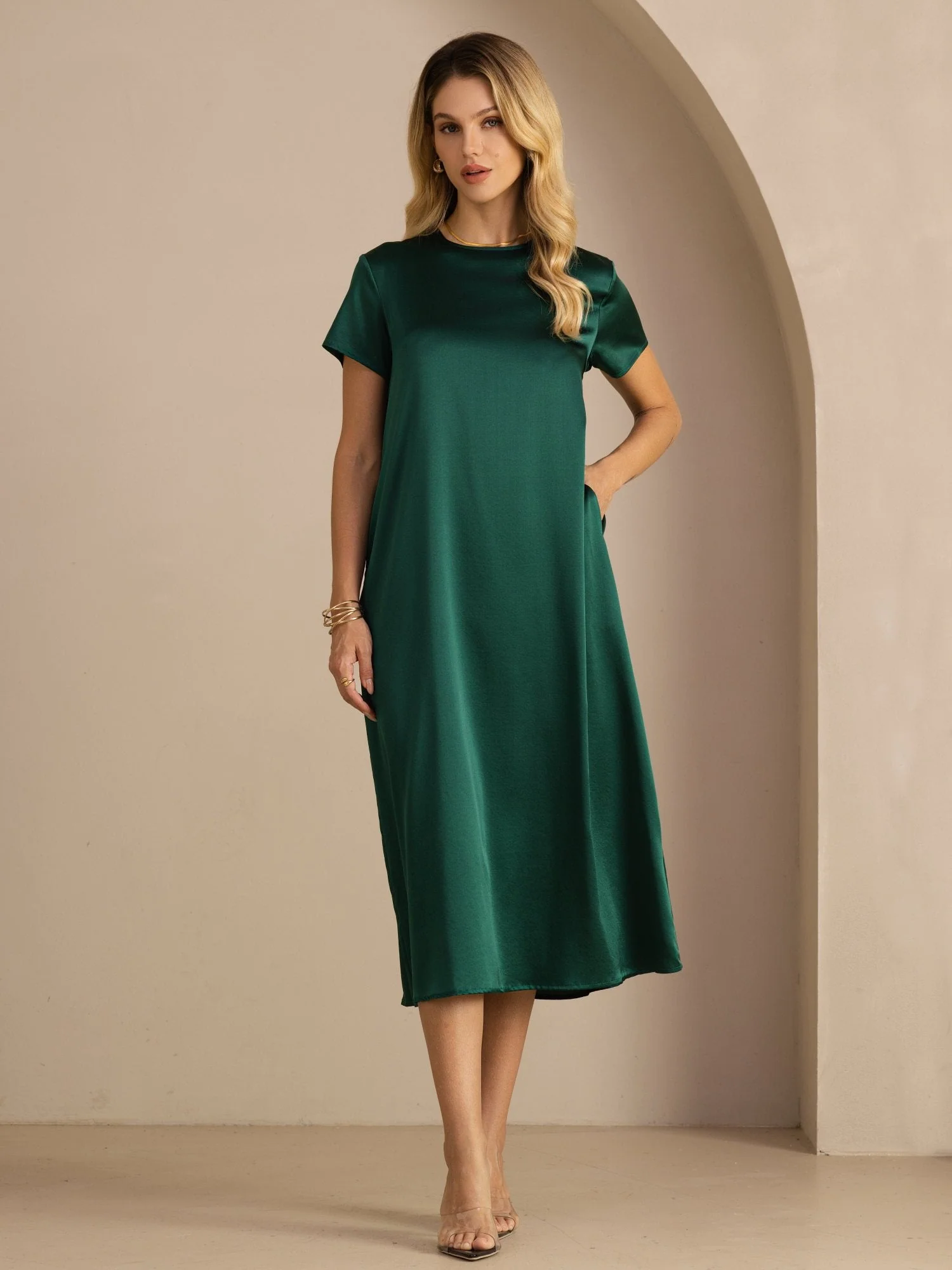 Robe Midi en Soie 19 Momme à Col Rond Manches Courtes et Poches Latérales